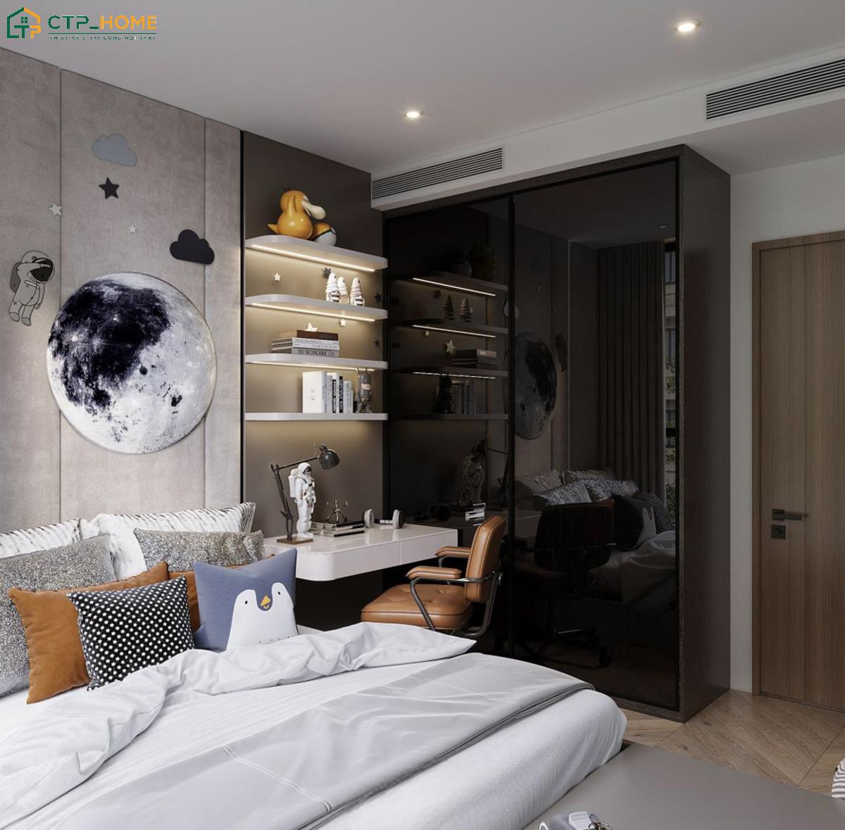 Góc học tập được thiết kế ngay cạnh giường ngủ giúp tạo sự thuận tiện trong quá trình học tập của bé