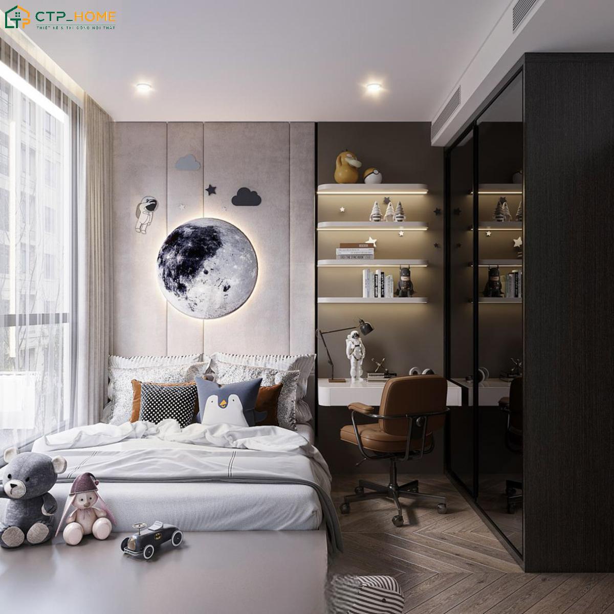 Chủ đề vũ trụ được thể hiện xuyên suốt trong phòng ngủ con trai 13 tuổi qua tranh trang trí và đồ decor