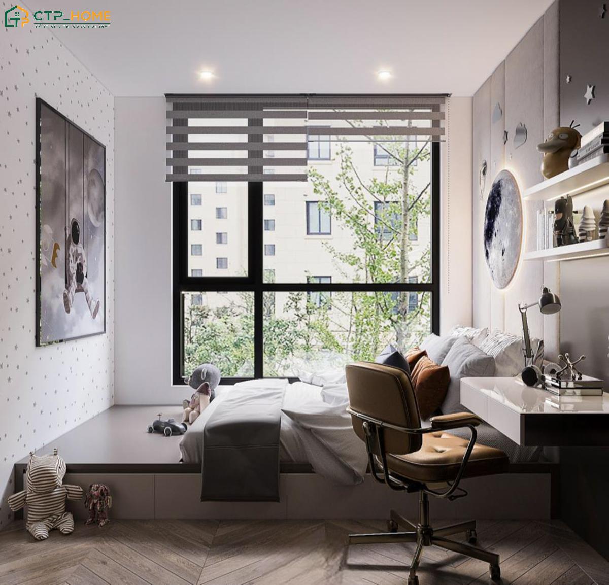 Giải pháp bố trí giường bục kết hợp cửa sổ giúp tận dụng ánh sáng tự nhiên, đồng thời mở rộng không gian hiệu quả
