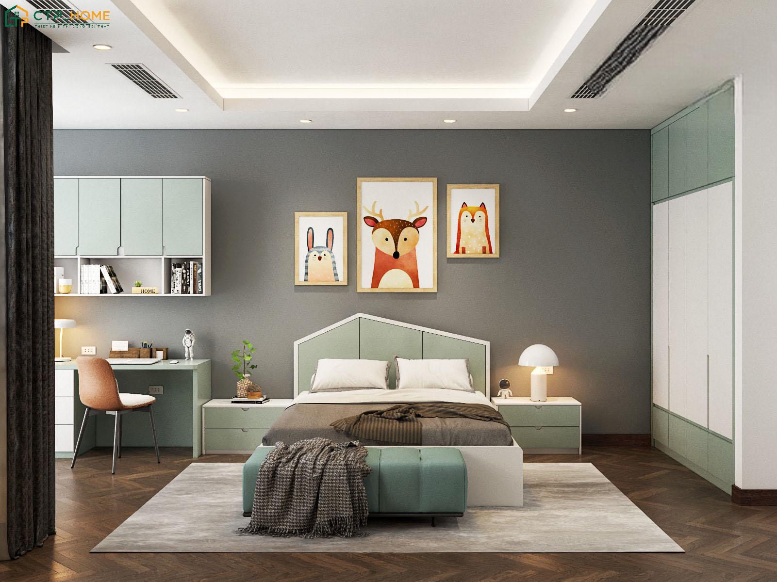 Mẫu thiết kế phòng ngủ cho con trai hiện đại sẽ chú trọng vào sự cân bằng giữa tính thẩm mỹ và công năng