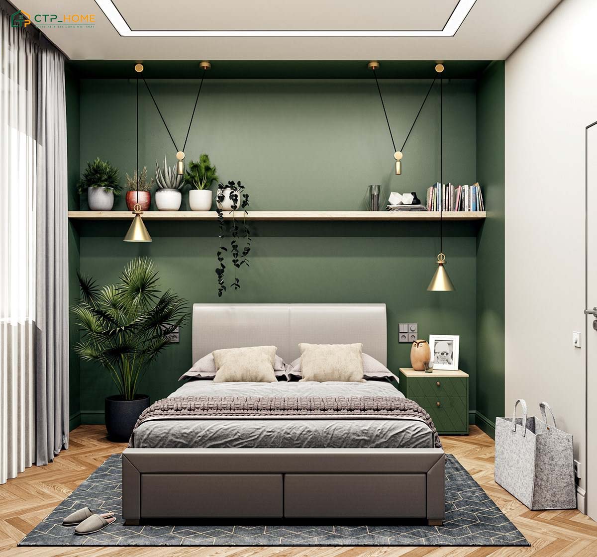 Mẫu decor phòng ngủ nam nhỏ màu xanh lá sẽ kết hợp thêm nội thất gỗ tự nhiên để tạo điểm nhấn
