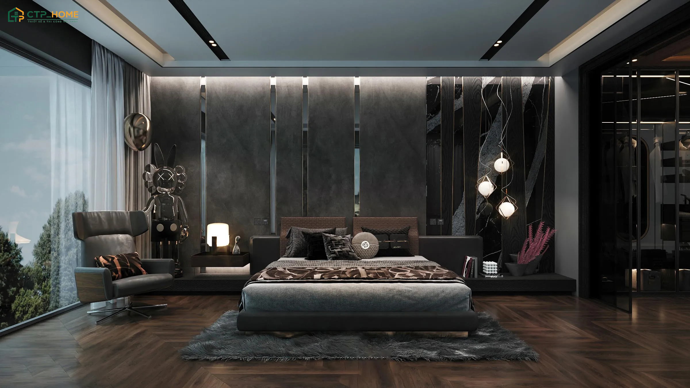 Mẫu trang trí phòng ngủ nam đẹp phong cách Luxury sẽ sử dụng các chất liệu nội thất cao cấp