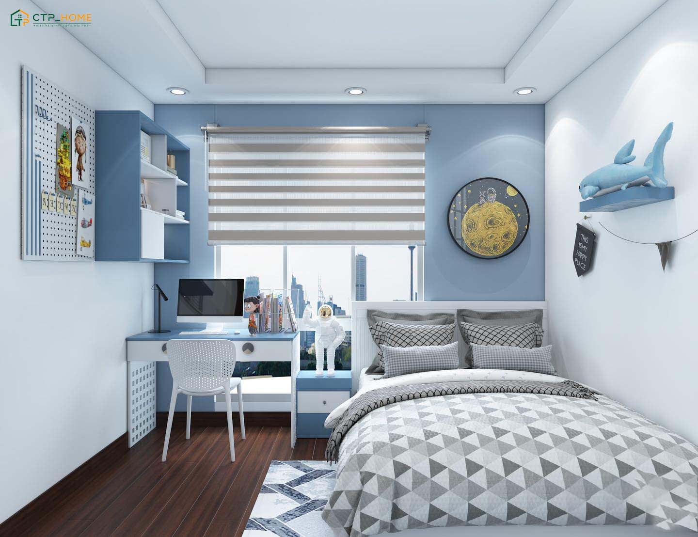 Mẫu phòng ngủ đẹp cho nam màu xanh dương sẽ đem đến cảm giác thư giãn và thoải mái hơn