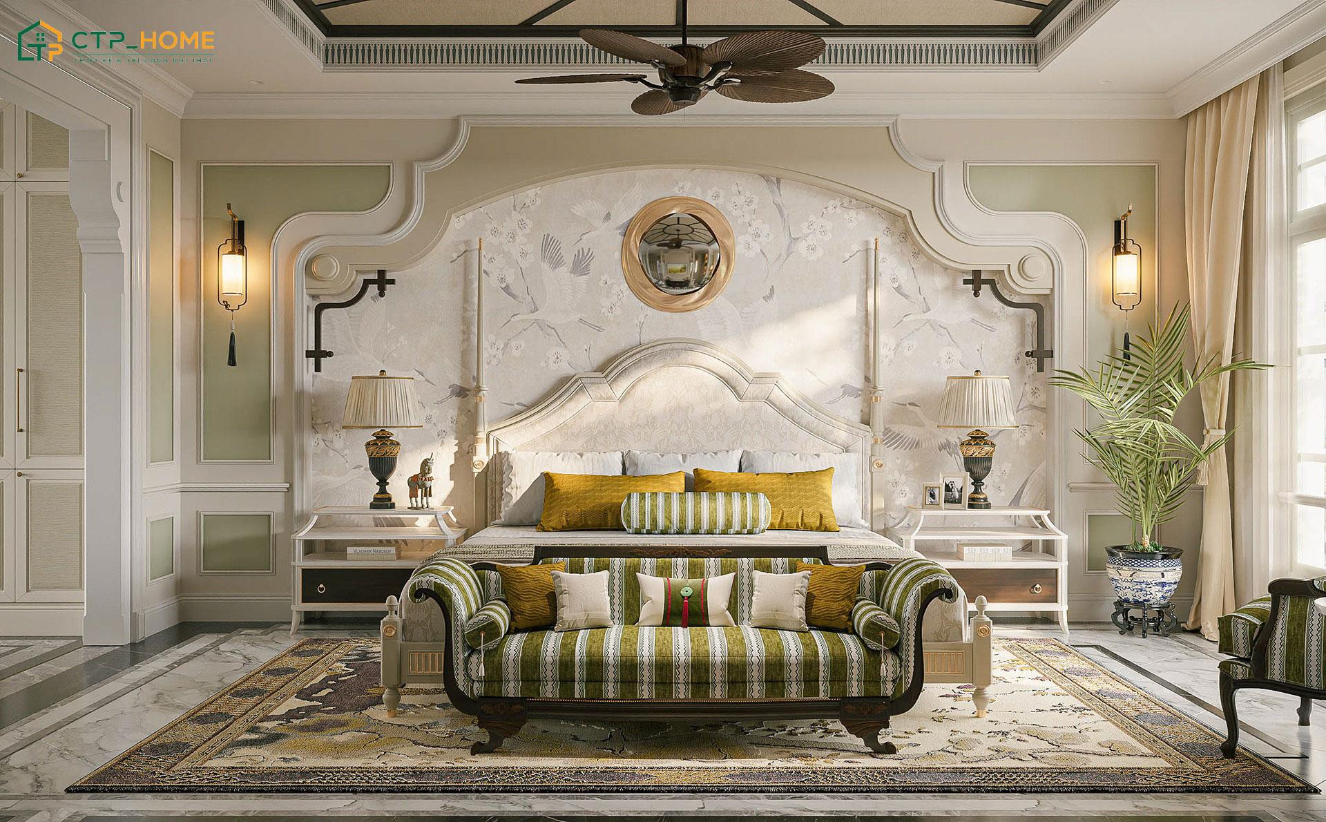 Mẫu decor phòng ngủ nữ phong cách Indochine nổi bật với chất liệu mây tre và các họa tiết kỷ hà đặc trưng