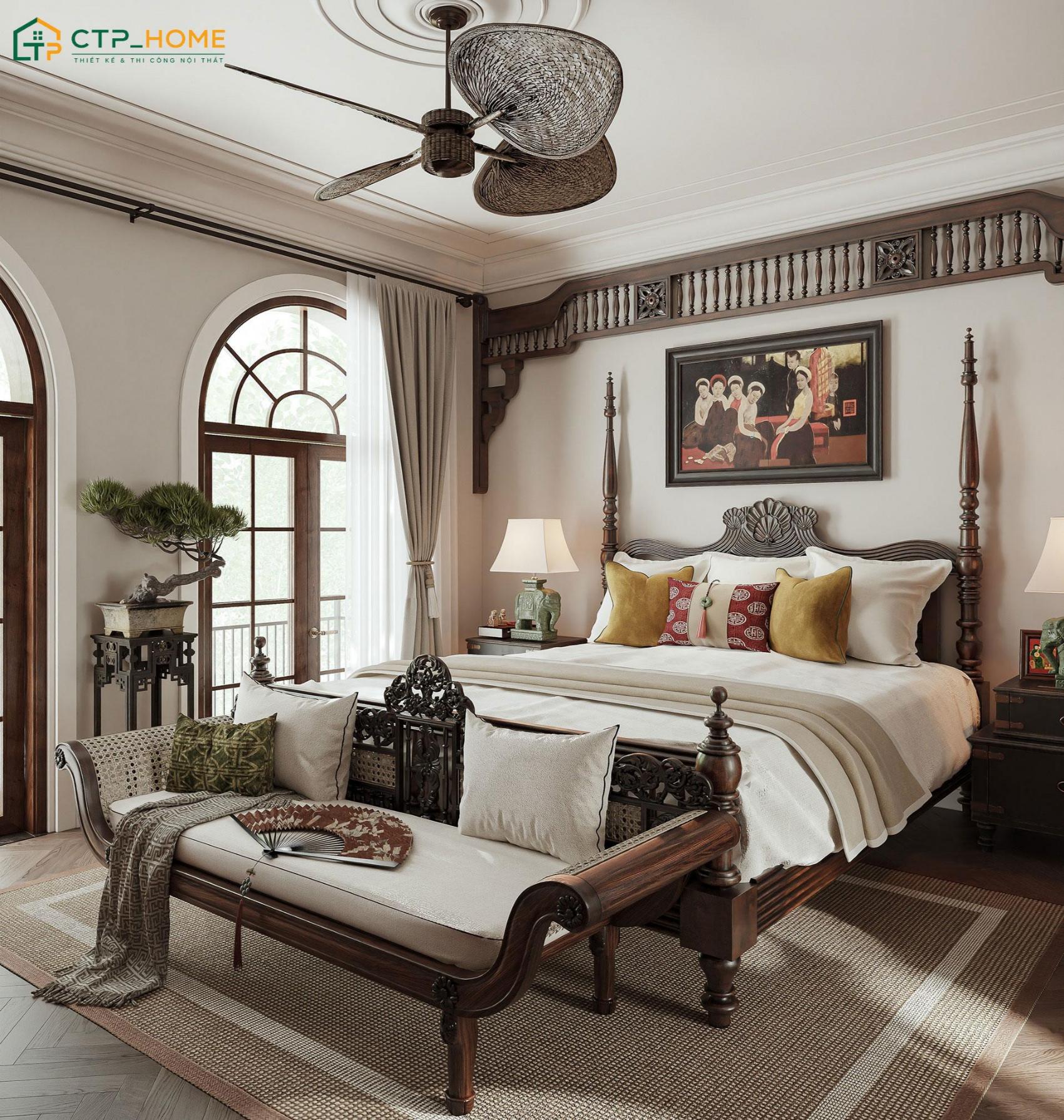 Mẫu phòng ngủ đẹp cho nữ phong cách Indochine sẽ sử dụng nội thất gỗ tự nhiên được chạm khắc tỉ mỉ