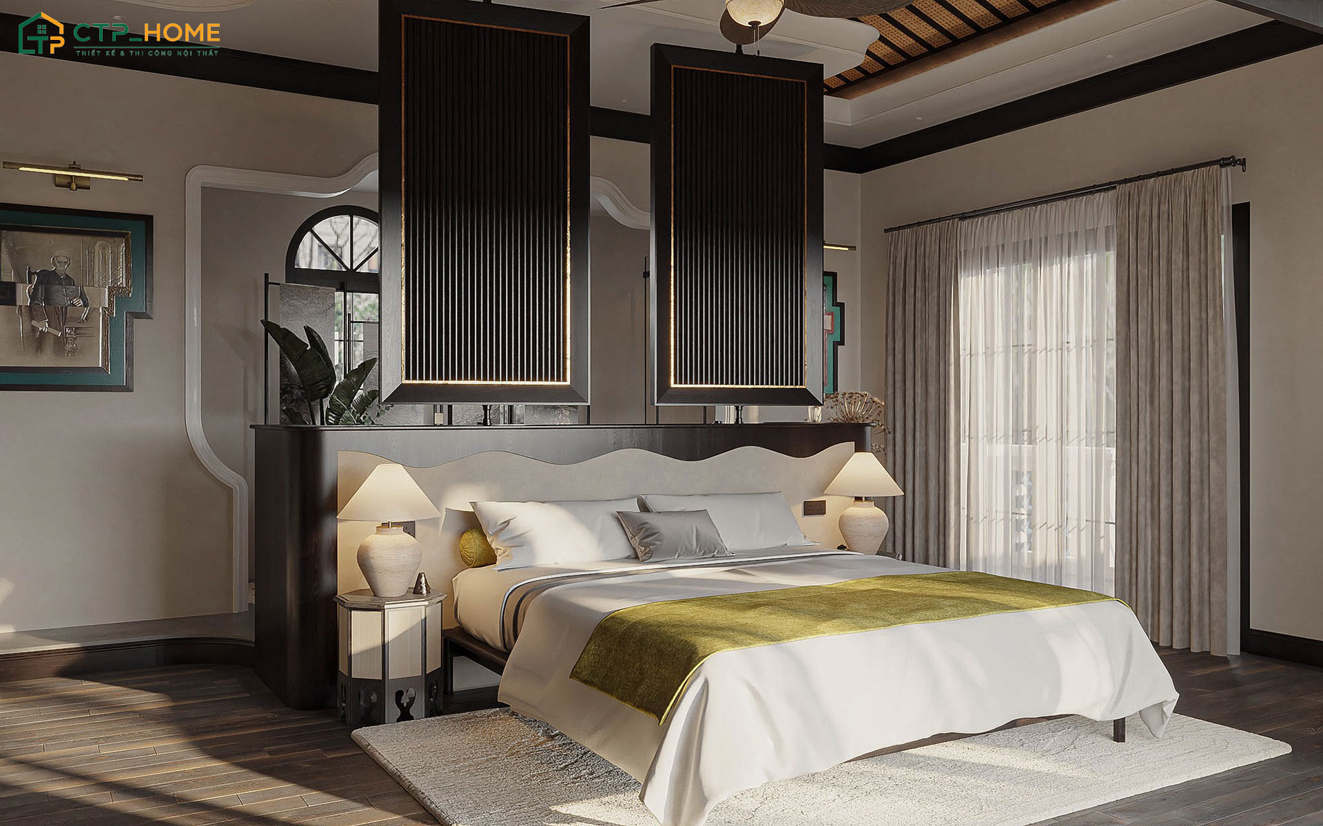 Mẫu phòng ngủ Indochine cho nữ sẽ tận dụng ánh sáng tự nhiên để tôn lên vẻ đẹp của gỗ và các chi tiết trang trí