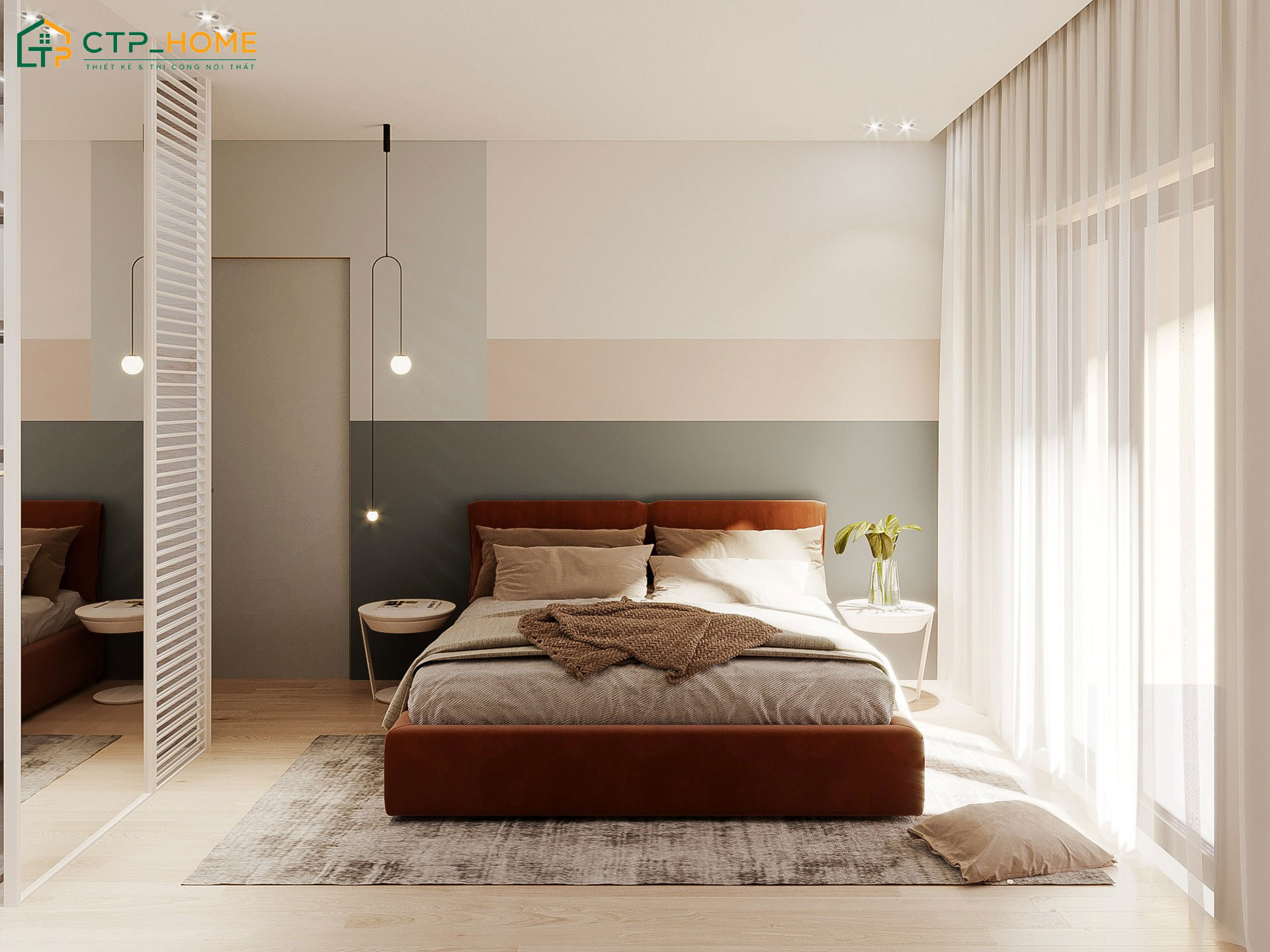 Mẫu decor phòng ngủ đẹp cho nữ với những mảng tường sử dụng màu sắc tương phản để tạo điểm nhấn