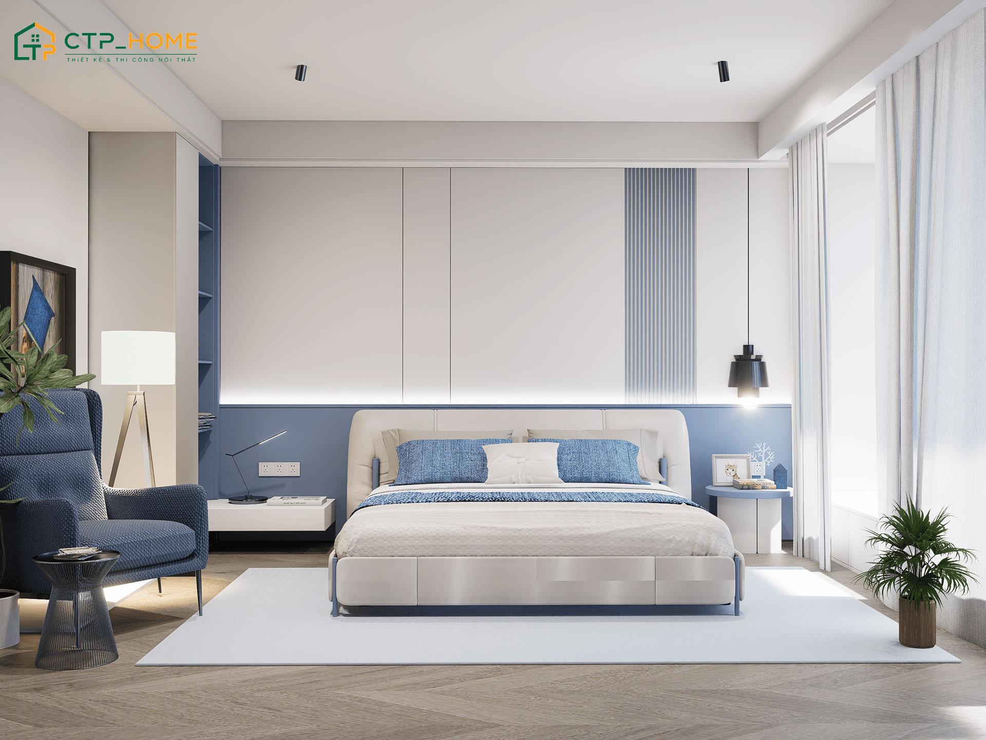 Mẫu phòng ngủ đẹp hiện đại cho nữ màu trắng sẽ được kết hợp với màu xanh dương để đảm bảo sự hài hòa