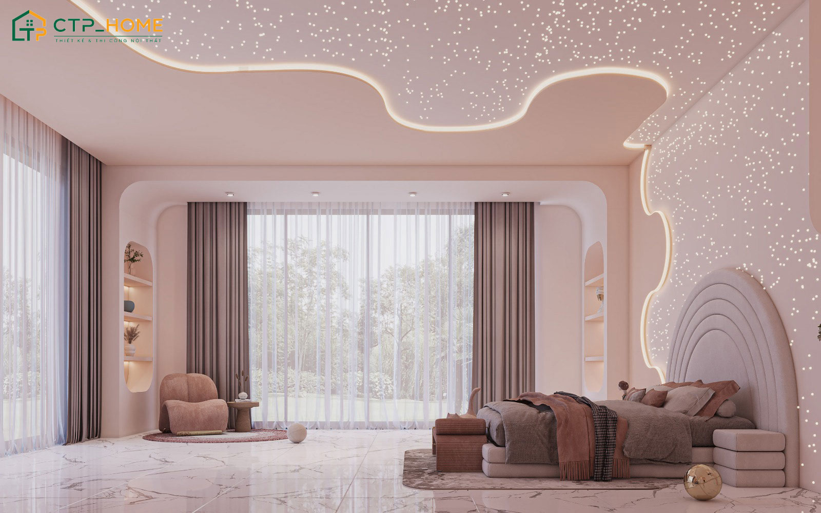 Mẫu trang trí phòng ngủ cho nữ màu hồng Pastel sẽ được bố trí thêm đèn LED để tạo điểm nhấn