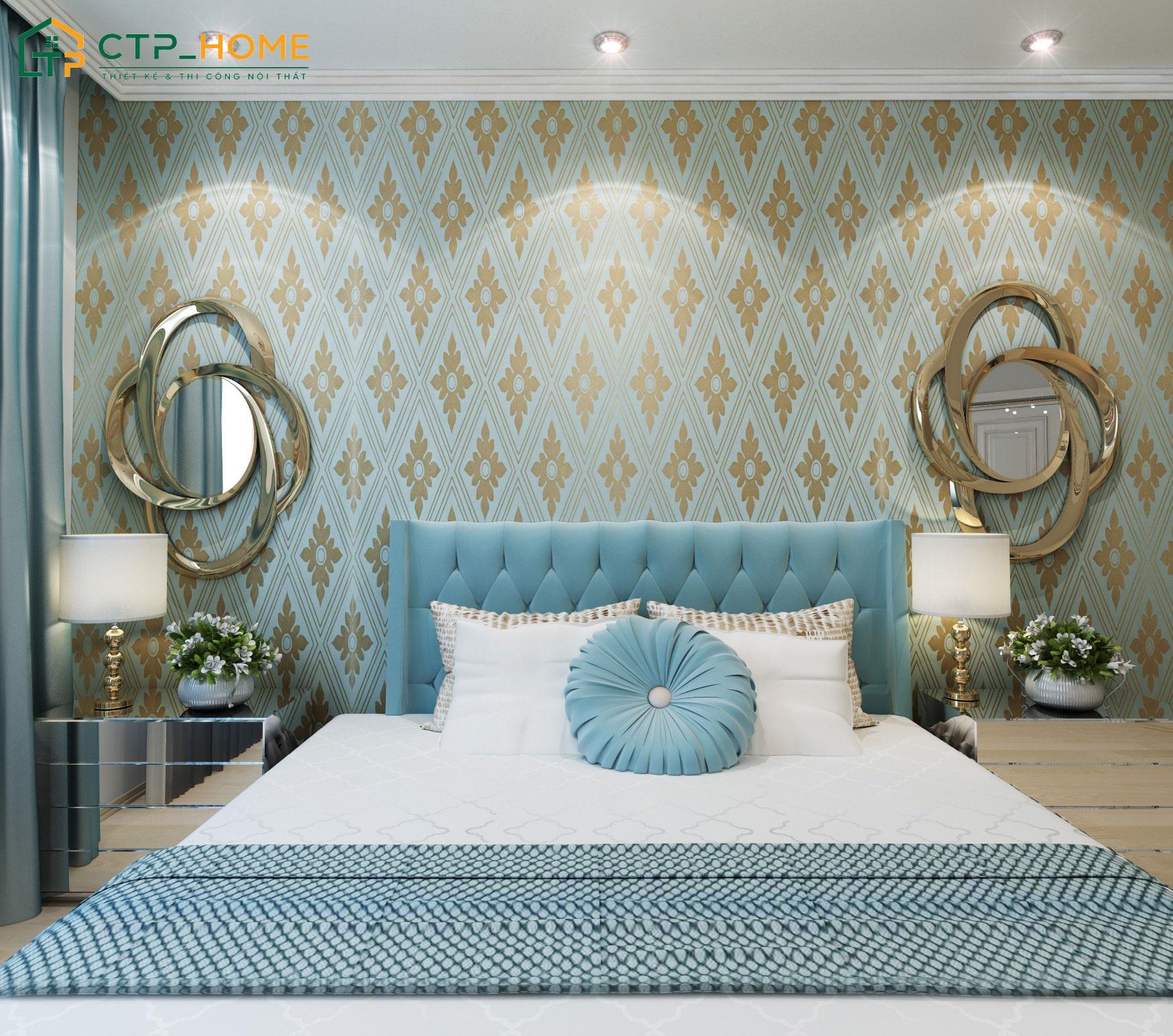 Mẫu thiết kế phòng ngủ cho nữ sang trọng với màu xanh dương kết hợp họa tiết kính vạn hoa độc đáo