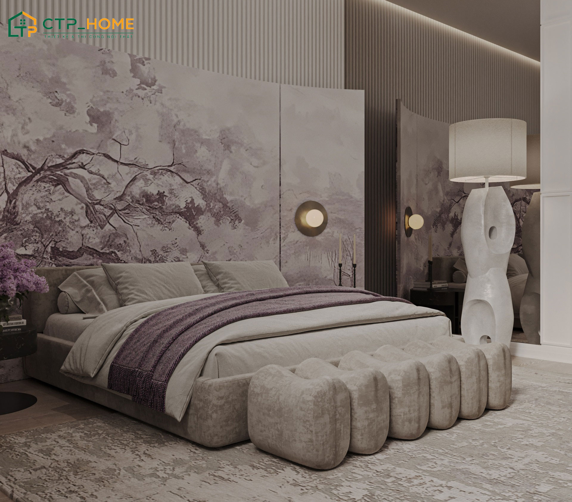 Mẫu decor phòng ngủ cho nữ màu tím Pastel lãng mạn thể hiện gu thẩm mỹ tinh tế của gia chủ