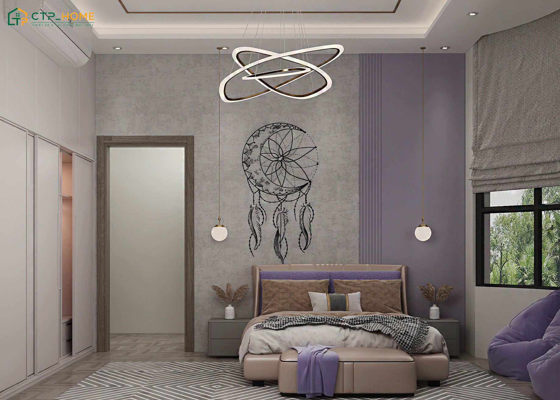 Tone màu tím Pastel sẽ được kết hợp cùng các món đồ trang trí tinh tế để tạo điểm nhấn cho căn phòng
