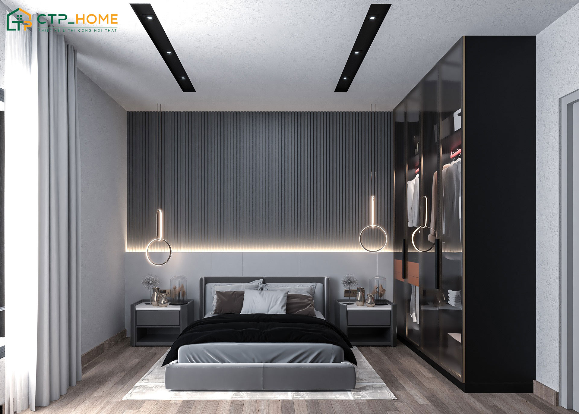 Mẫu phòng ngủ màu đen cho nữ sẽ sử dụng hệ tủ quần áo kịch trần để giúp căn phòng gọn gàng hơn