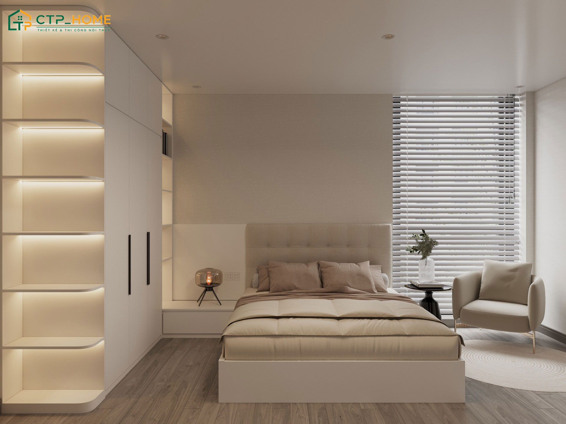 Mẫu thiết kế phòng ngủ vợ chồng đẹp tối giản rất phù hợp với các cặp đôi yêu thích sự gọn gàng