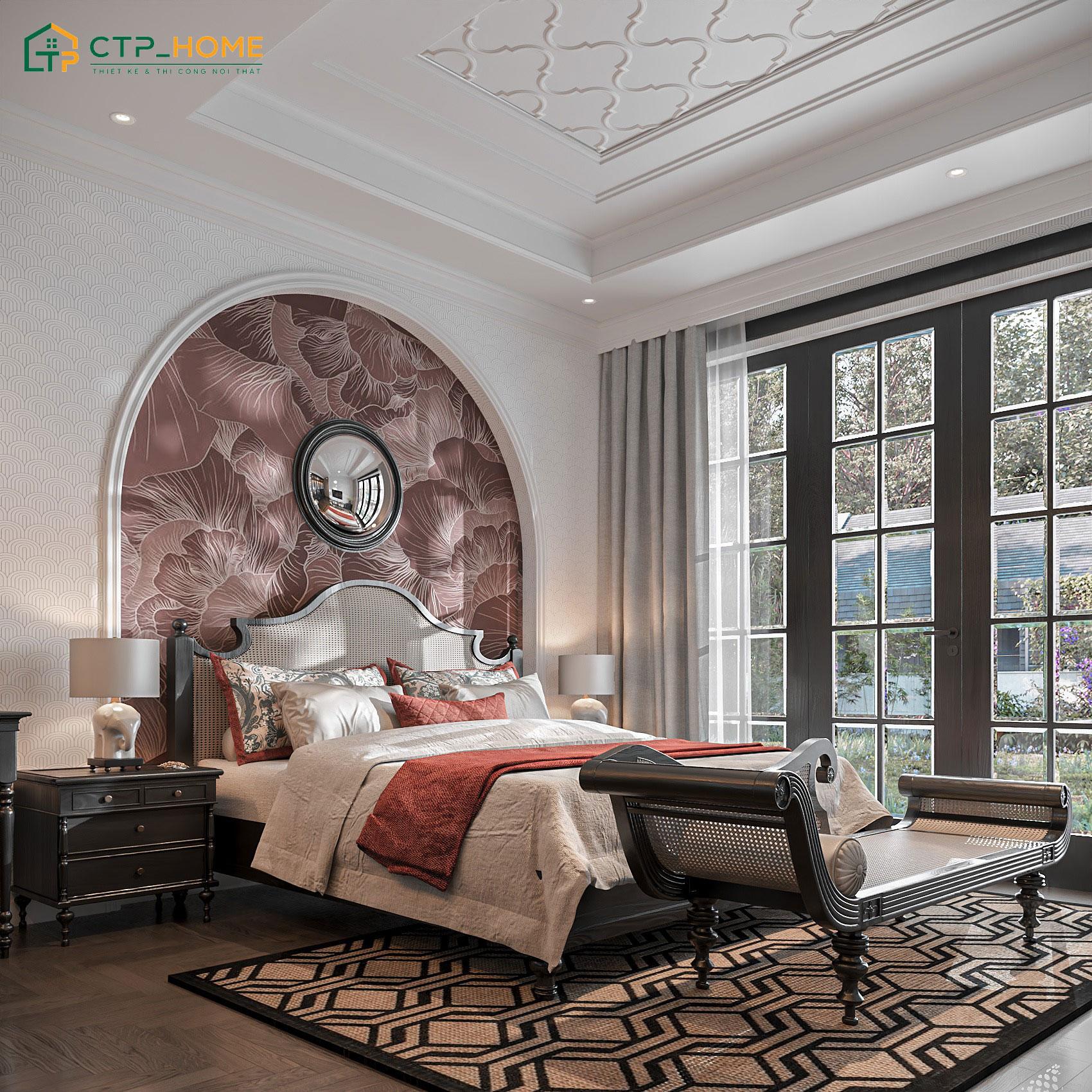 Mẫu thiết kế phòng ngủ hai vợ chồng phong cách Indochine với đồ nội thất bằng gỗ đen quý phái