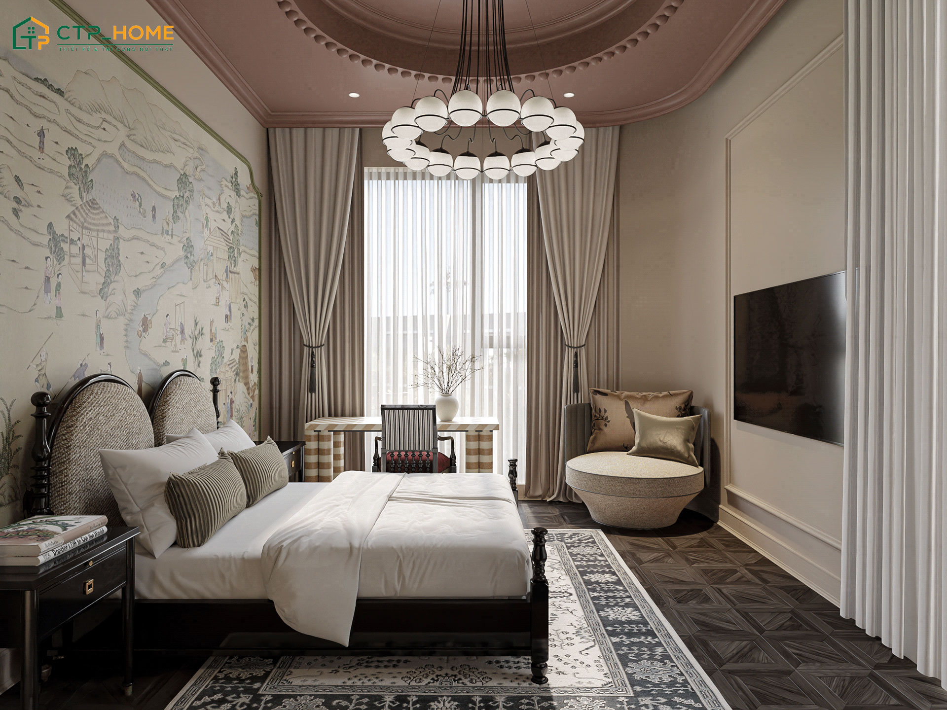 Kết hợp nội thất gỗ tối màu với tranh vẽ tường giúp phòng ngủ Indochine trở nên cuốn hút hơn