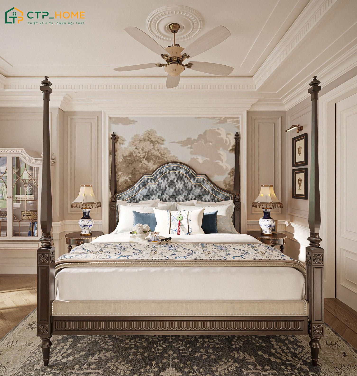 Mẫu phòng ngủ đẹp cho vợ chồng theo phong cách Indochine gây ấn tượng với các họa tiết đặc trưng