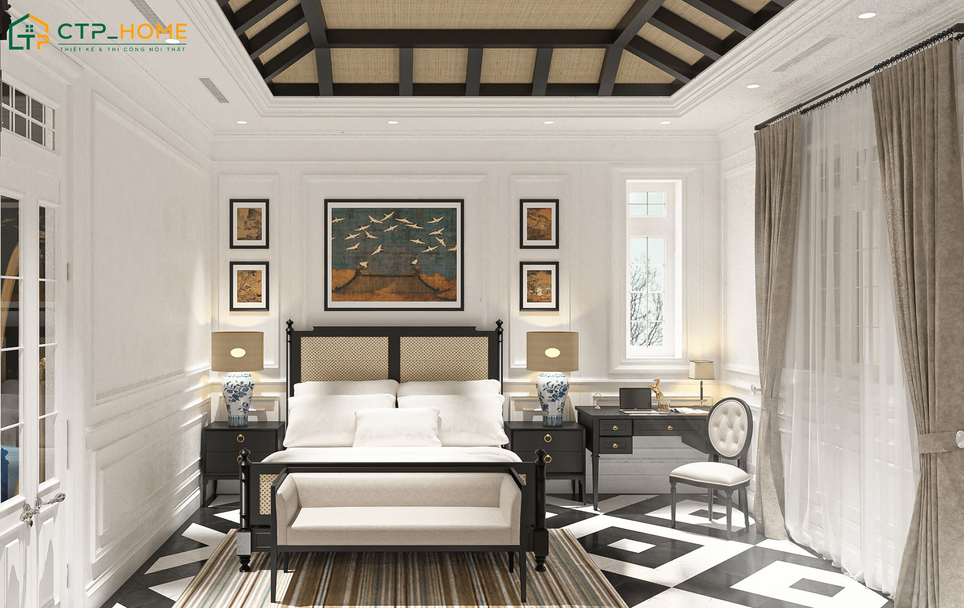 Mẫu decor phòng ngủ vợ chồng kiểu Á Đông thường sẽ sử dụng tranh nghệ thuật để tạo điểm nhấn