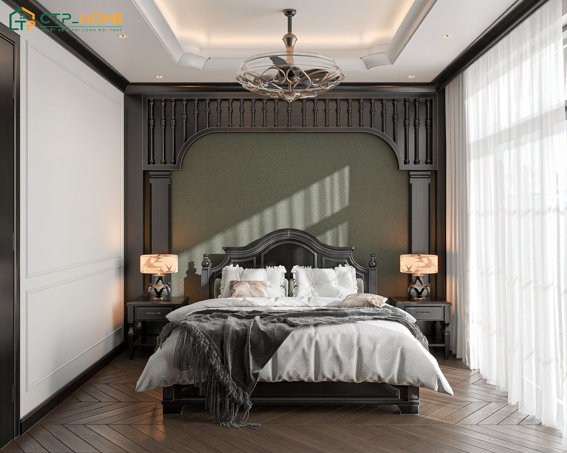 Toàn bộ nội thất phòng ngủ cho vợ chồng được làm từ gỗ tự nhiên giúp không gian trở nên đẳng cấp hơn