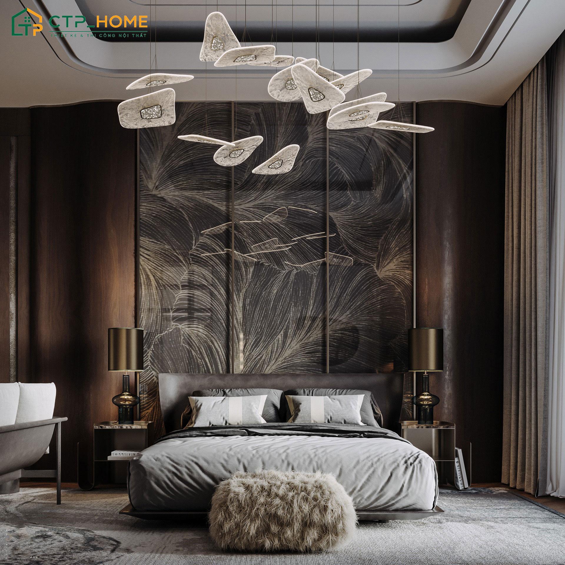 Mẫu thiết kế phòng ngủ Master đẹp cho vợ chồng với giường King Size cỡ lớn và hệ nội thất đồng bộ