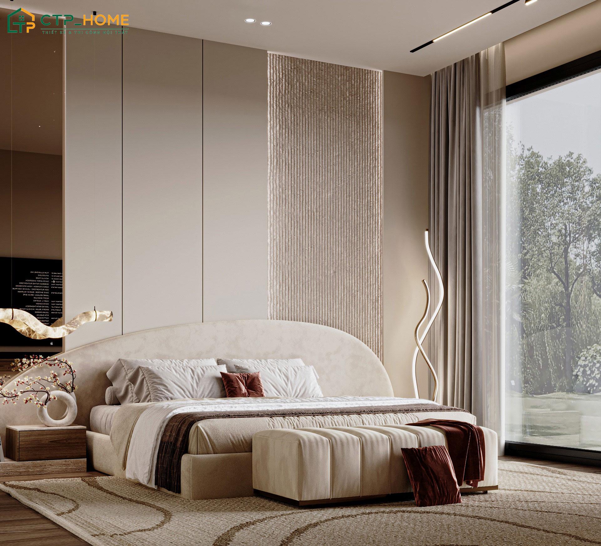 Mẫu thiết kế phòng ngủ Master cho vợ chồng với hệ cửa kính lớn giúp tận dụng tối đa ánh sáng tự nhiên