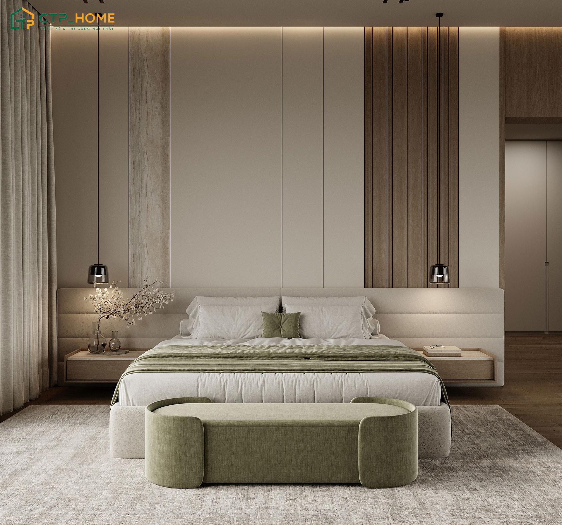 Mẫu thiết kế nội thất phòng ngủ cho hai vợ chồng đẹp hiện đại với hệ cửa sổ lớn kết hợp rèm hai lớp tiện nghi