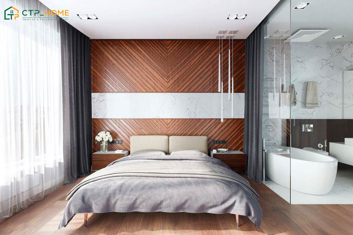 Mẫu thiết kế phòng ngủ 2 vợ chồng có nhà vệ sinh khép kín hiện đại và đảm bảo đầy đủ các yếu tố phong thủy