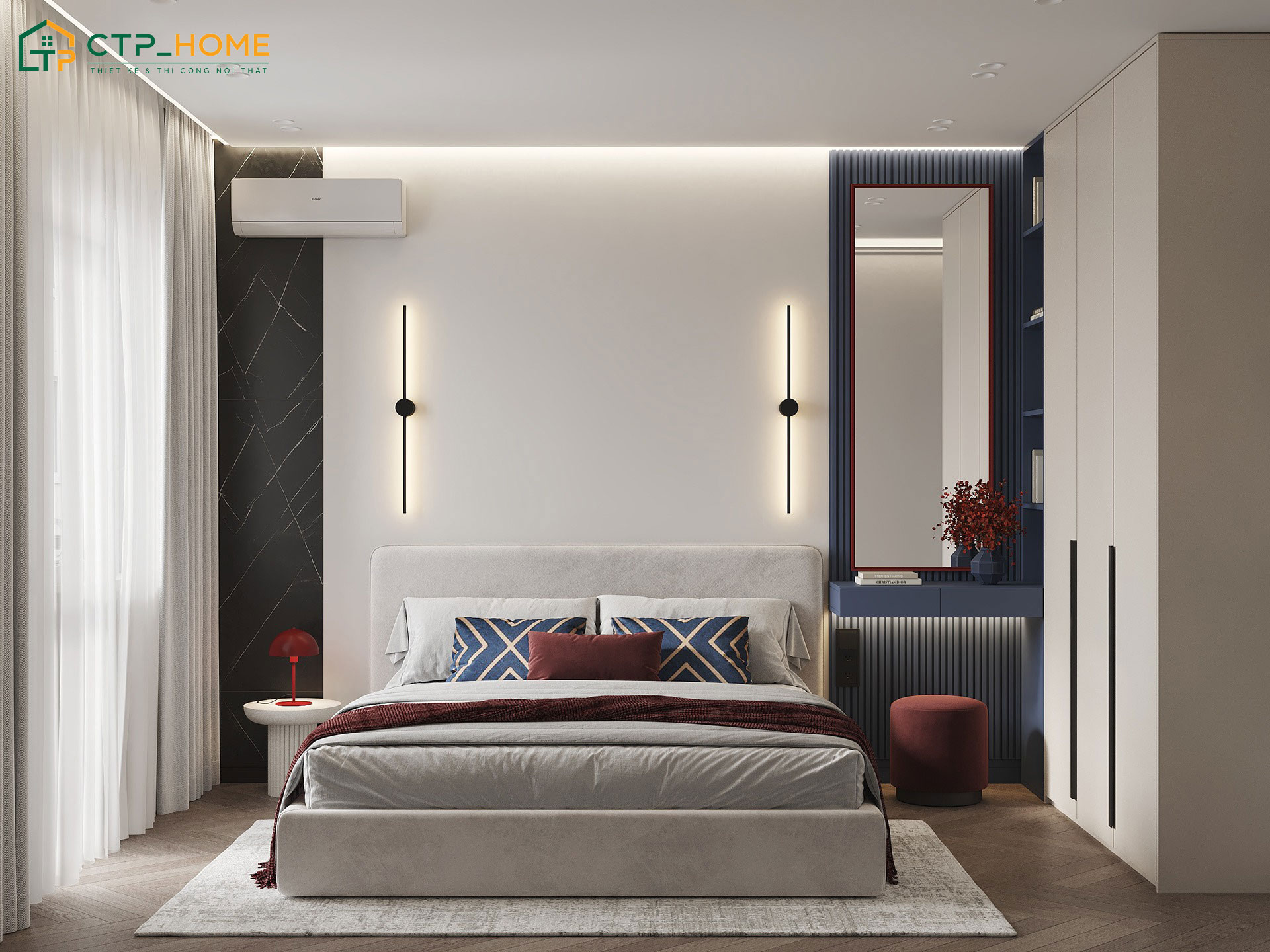 Mẫu thiết kế phòng ngủ hai vợ chồng diện tích 15m2 với đầy đủ tiện ích cơ bản như giường ngủ, tủ quần áo