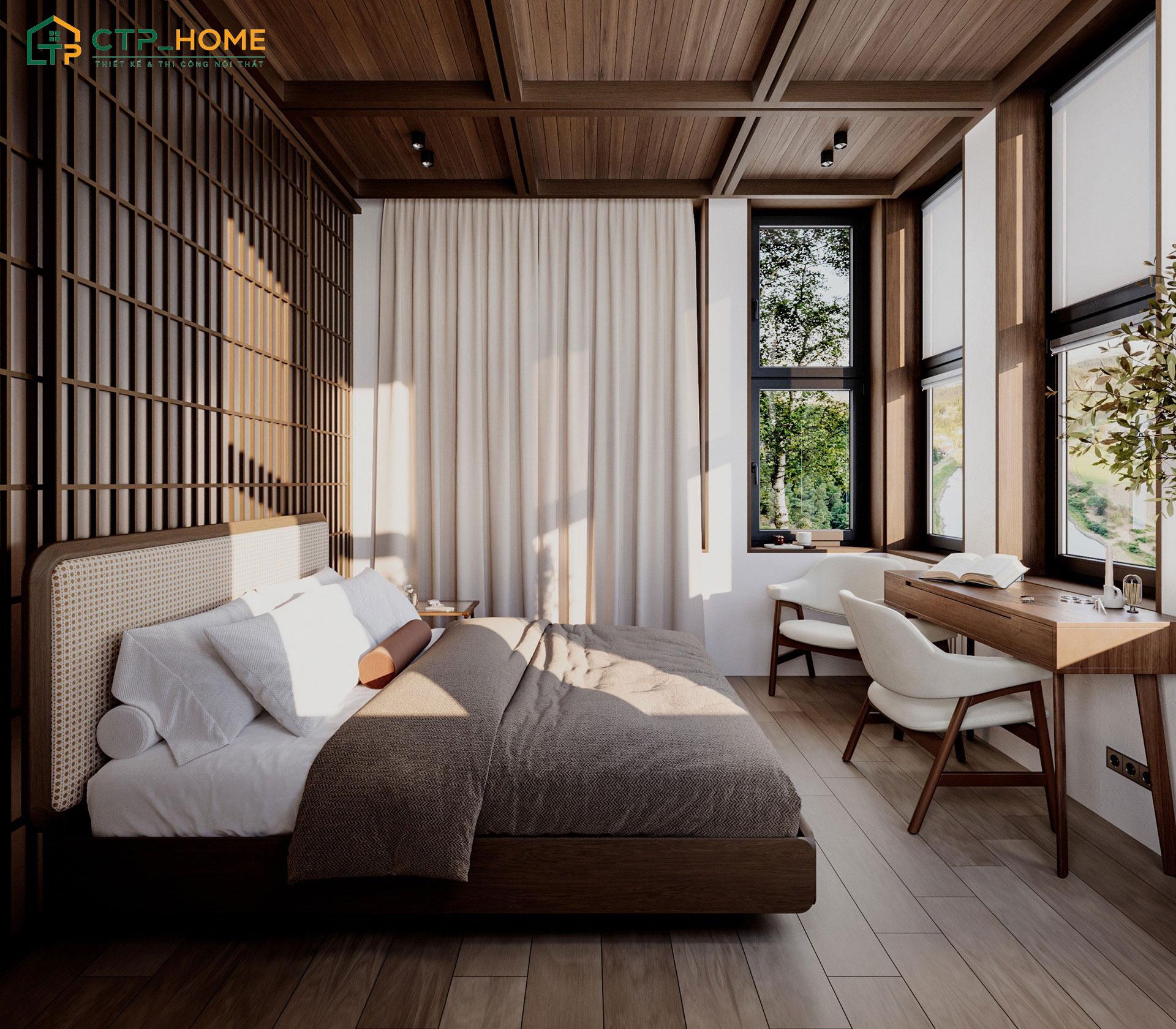 Mẫu phòng ngủ hiện đại cho vợ chồng diện tích 15m2 với góc đọc sách và làm việc được bố trí gần cửa sổ
