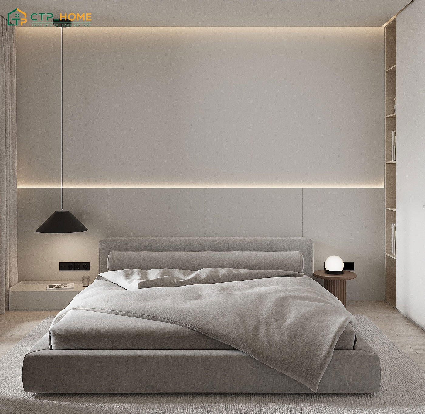 Mẫu thiết kế phòng ngủ vợ chồng đẹp diện tích 15m2 sử dụng tone màu trung tính cùng nội thất đơn giản