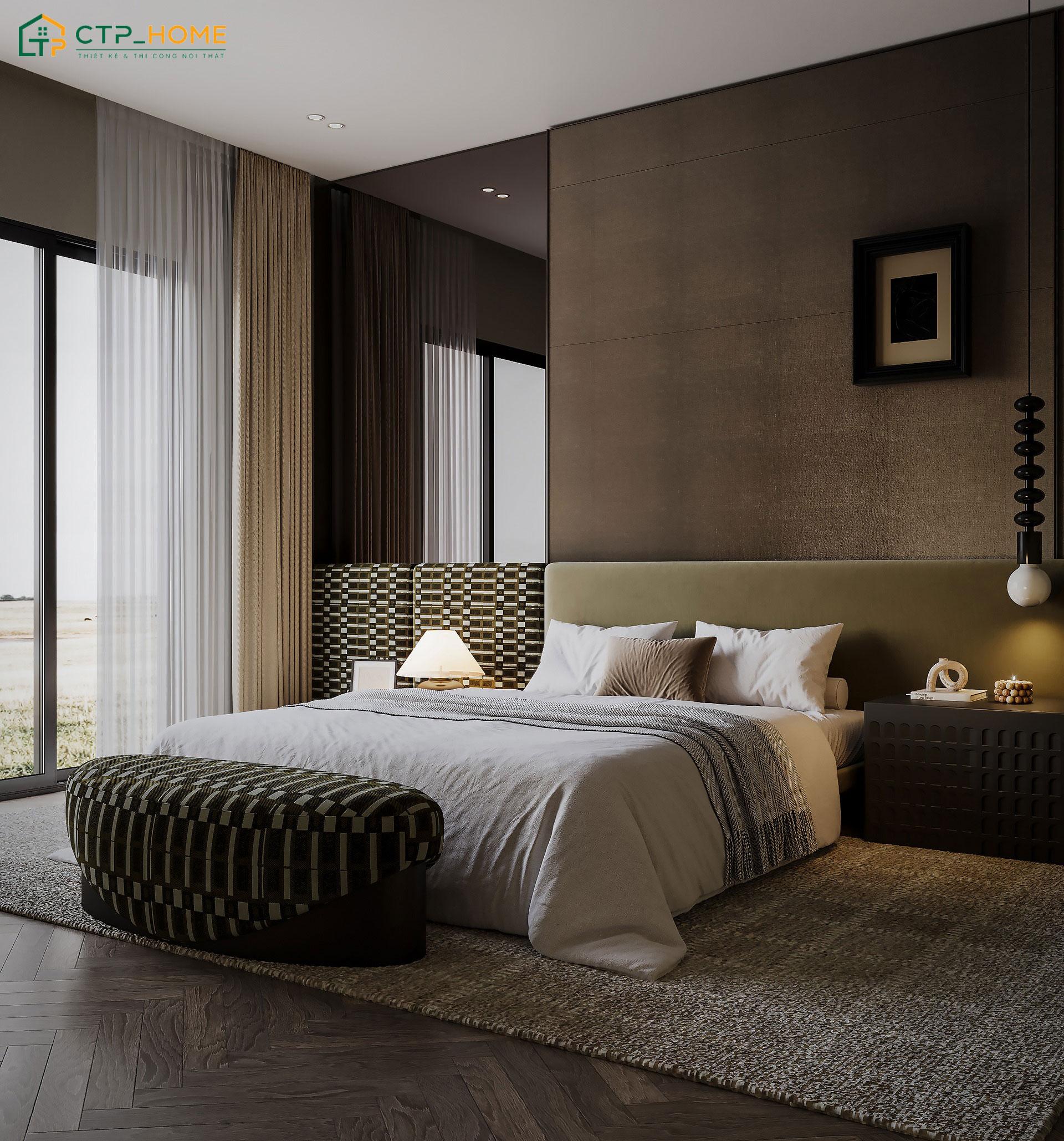 Mẫu decor phòng ngủ cho vợ chồng diện tích 25m2 nổi bật với những họa tiết trang trí mang tính nghệ thuật cao