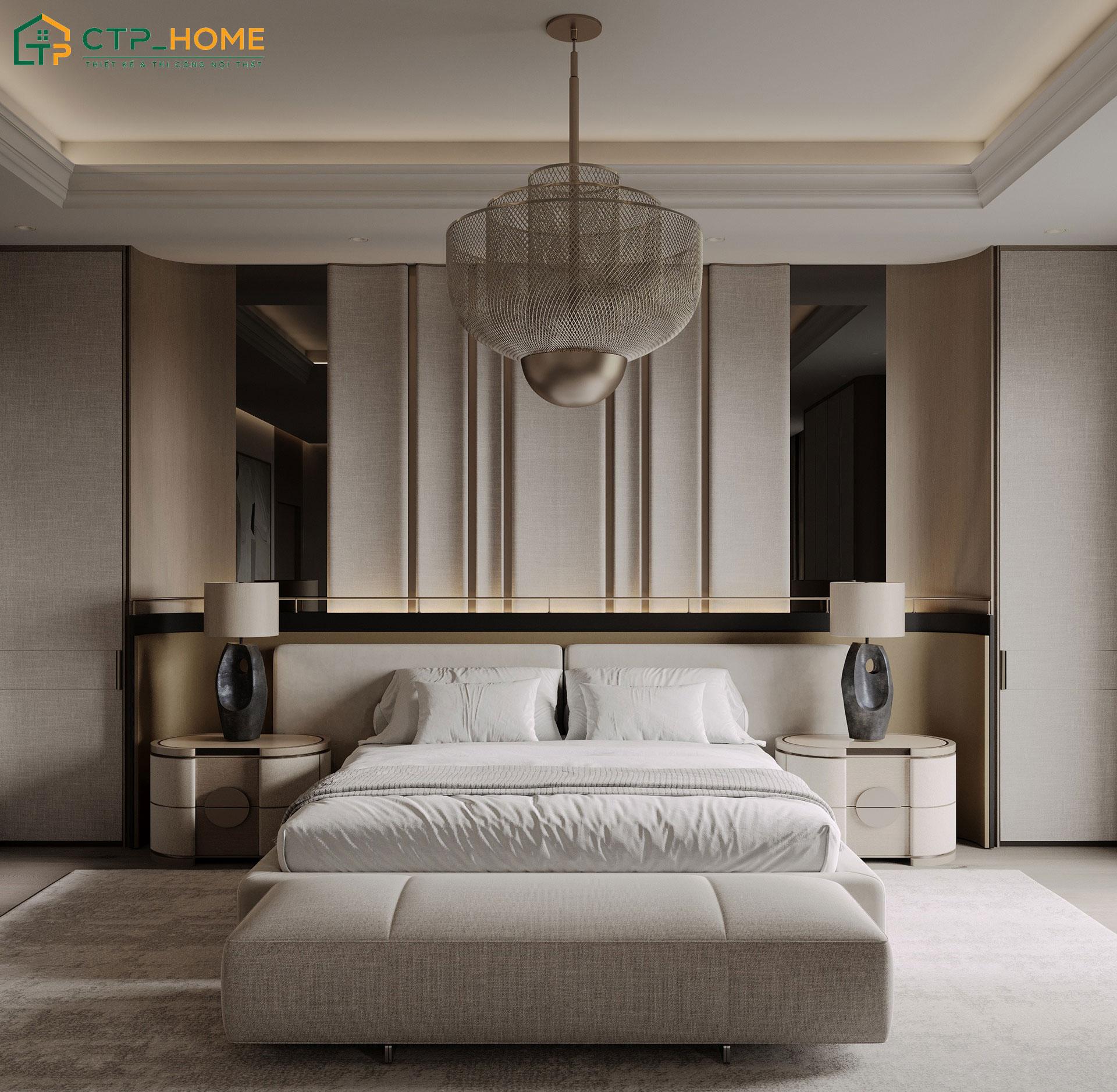 Mẫu phòng ngủ 2 vợ chồng diện tích 30m2 phong cách Luxury thường sẽ sử dụng đèn thả trần để tạo điểm nhấn