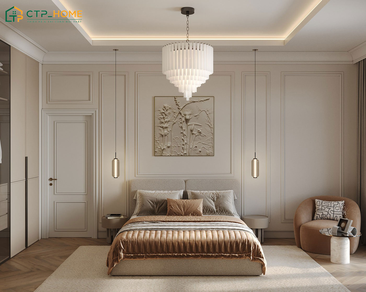 Mẫu thiết kế phòng ngủ 45m2 cho vợ chồng thường sẽ sử dụng nhiều chi tiết trang trí mang dấu ấn cá nhân