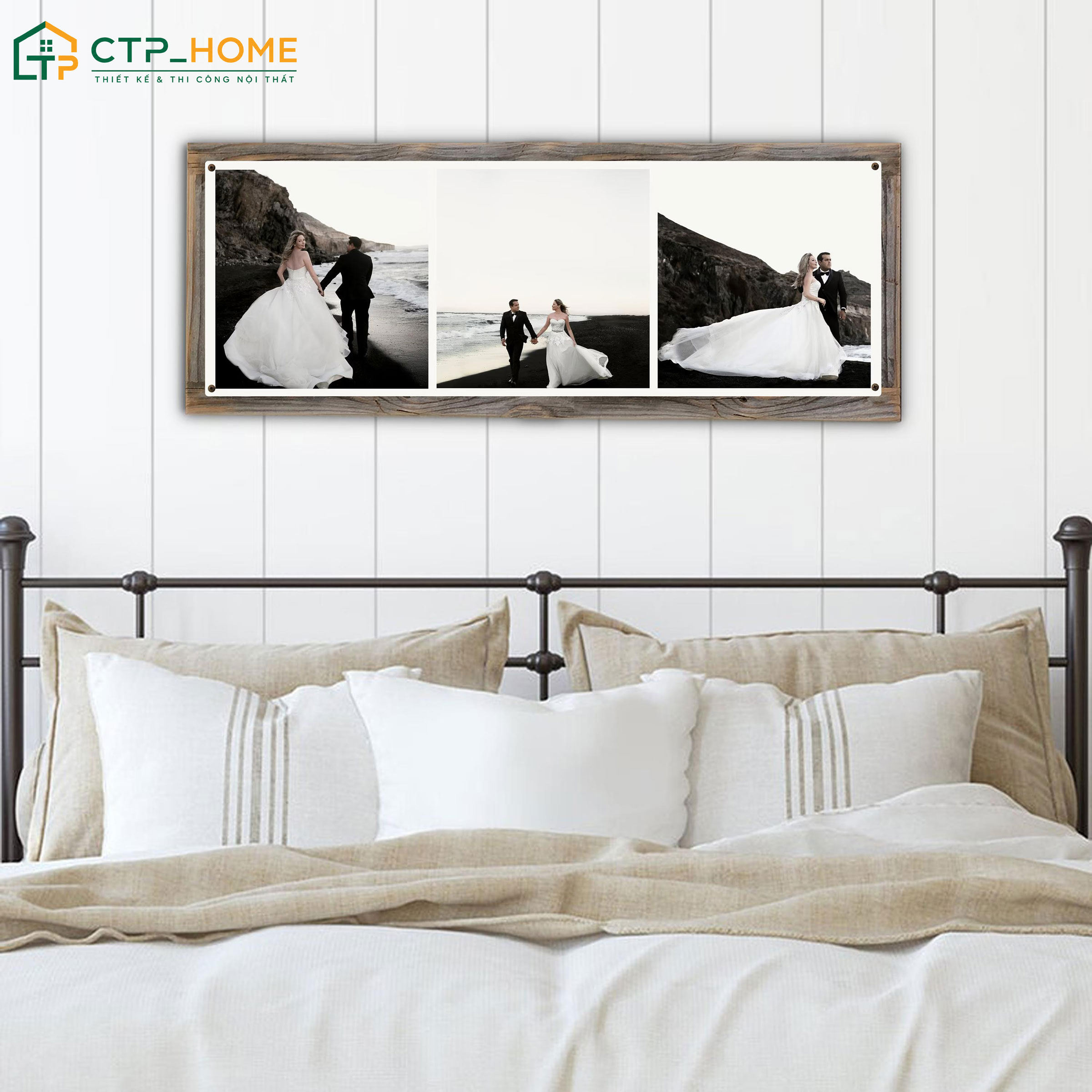 Decor phòng ngủ vợ chồng bằng tranh ảnh cưới sẽ giúp đem lại cảm giác ấm cúng và hạnh phúc hơn