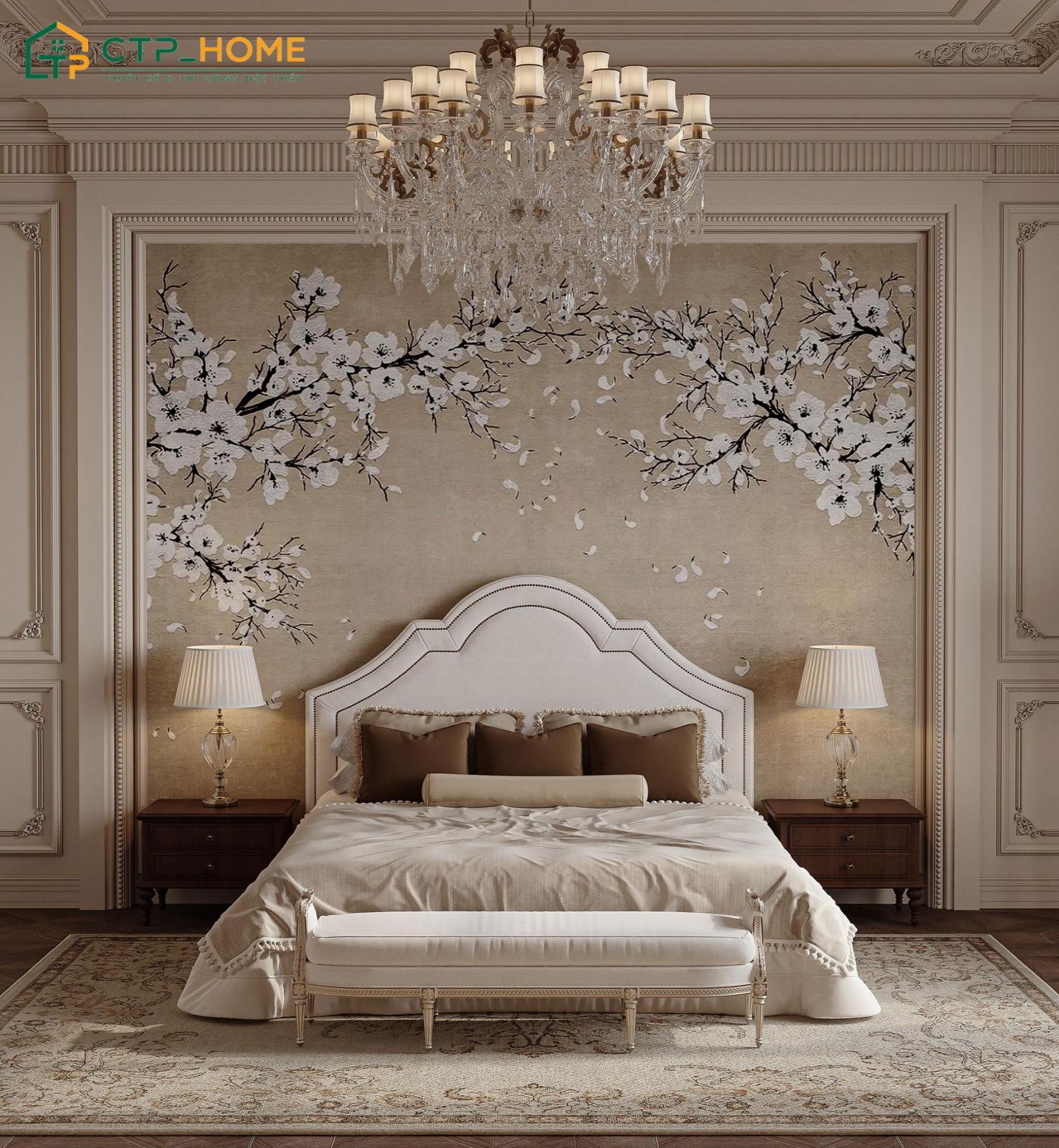 Mẫu decor phòng ngủ đẹp cho vợ chồng bằng giấy dán tường giúp gia tăng giá trị thẩm mỹ