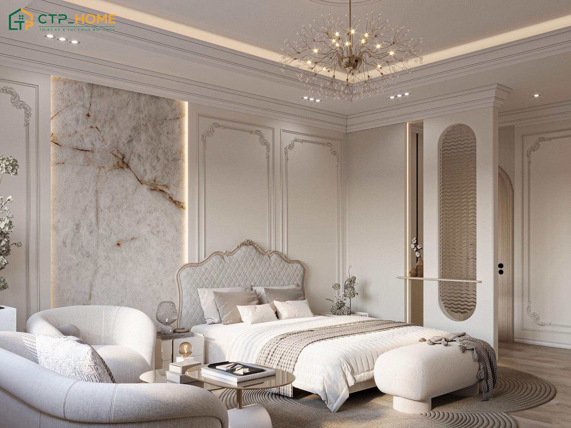 Mẫu phòng ngủ đẹp cho vợ chồng tân cổ điển với tone màu trắng thanh lịch kết hợp với phào chỉ nhẹ nhàng
