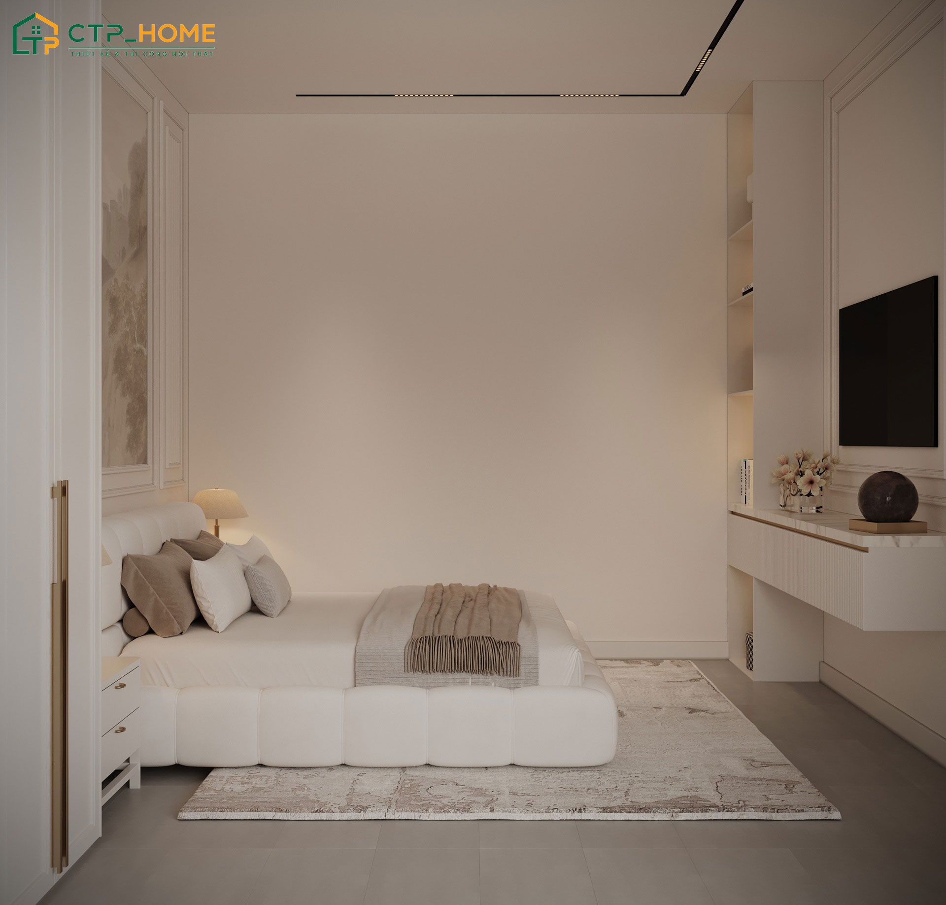 Mẫu decor vợ chồng phòng ngủ đẹp với hệ tủ kịch trần giúp gia tăng không gian lưu trữ mà vẫn đảm bảo sự thông thoáng