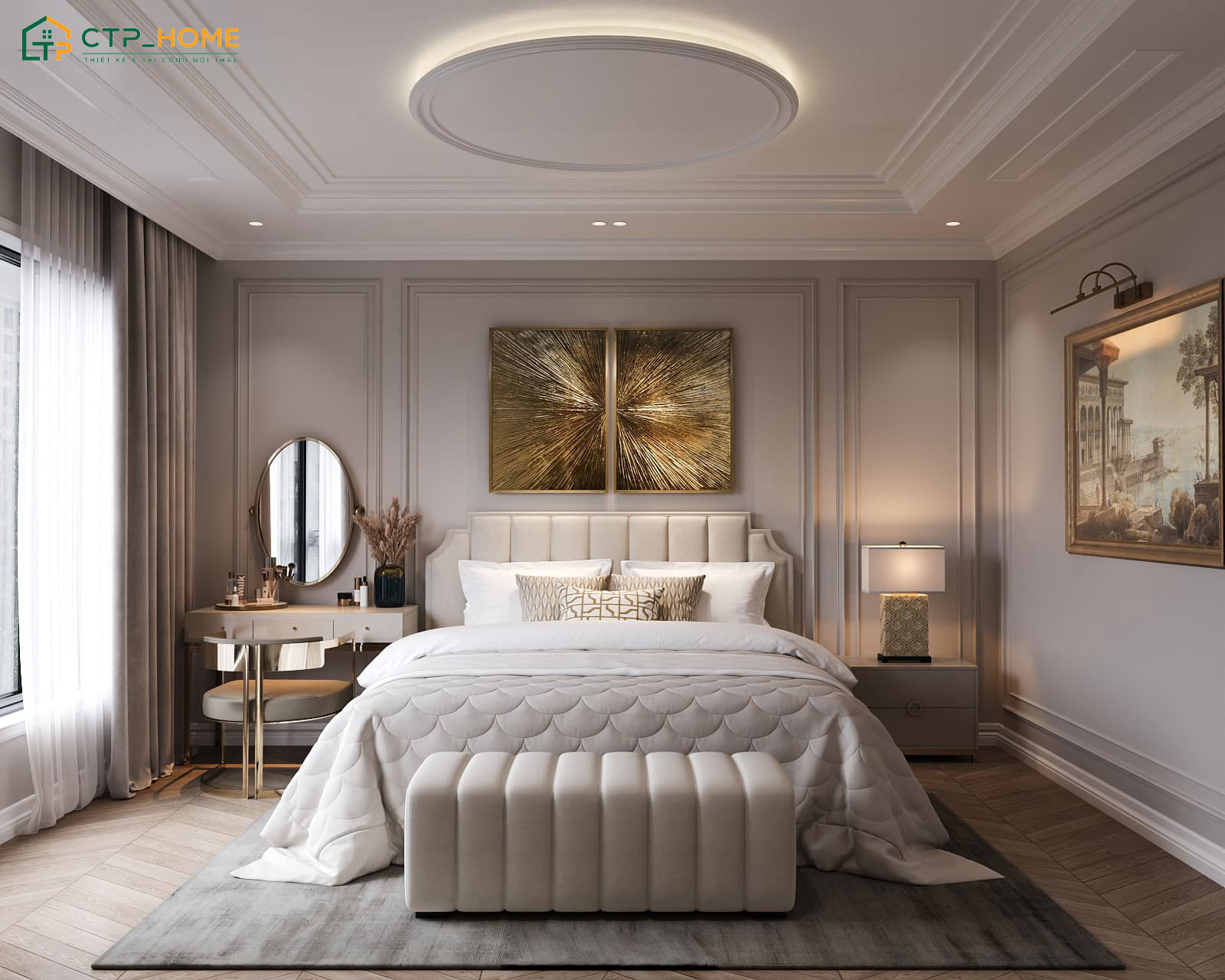 Mẫu thiết kế nội thất phòng ngủ cho vợ chồng phong cách Luxury với tranh phong cảnh khổ lớn tạo điểm nhấn