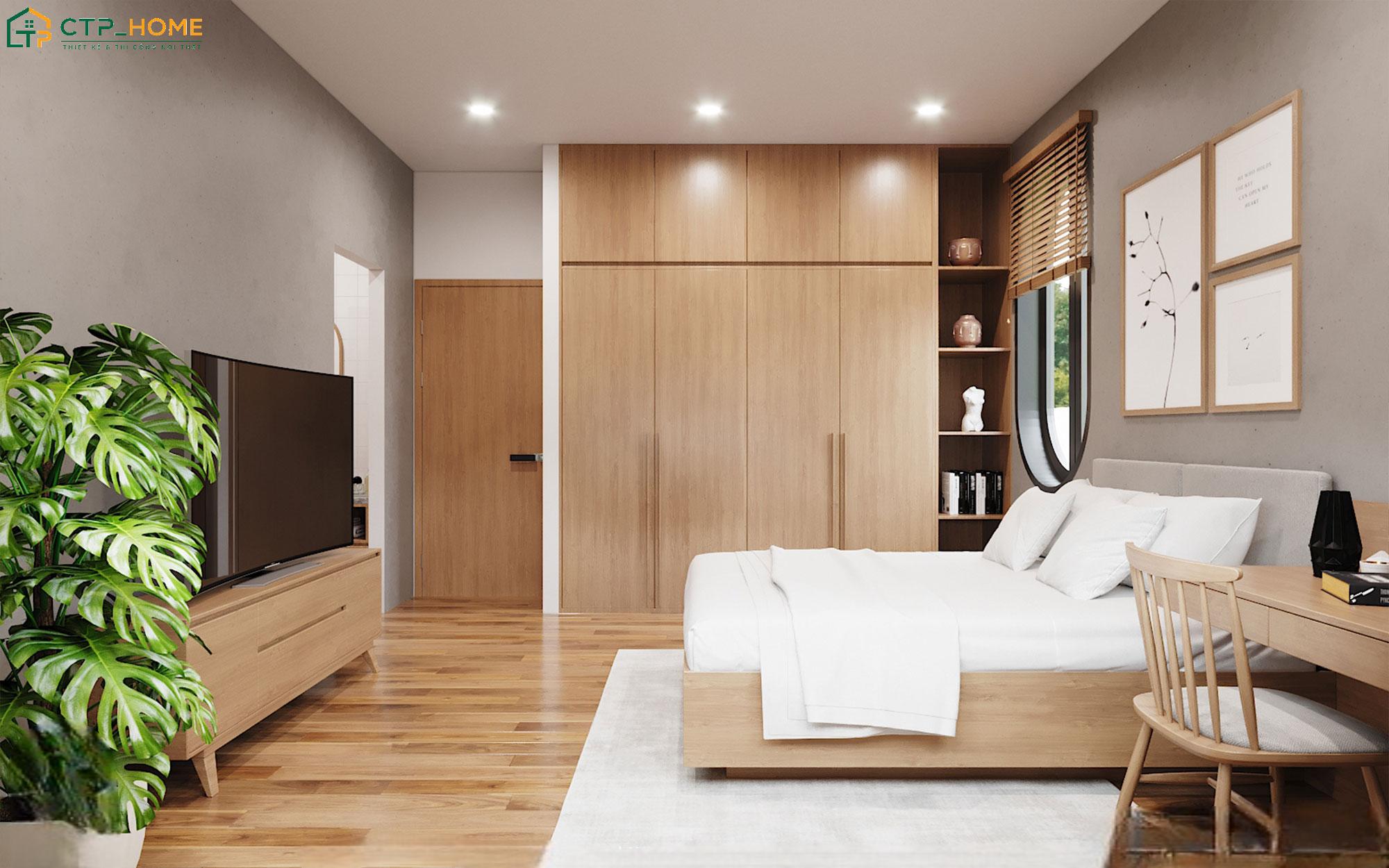 Mẫu phòng ngủ đẹp nhà cấp 4 tối giản kết hợp hệ tủ âm tường giúp tối ưu diện tích hiệu quả