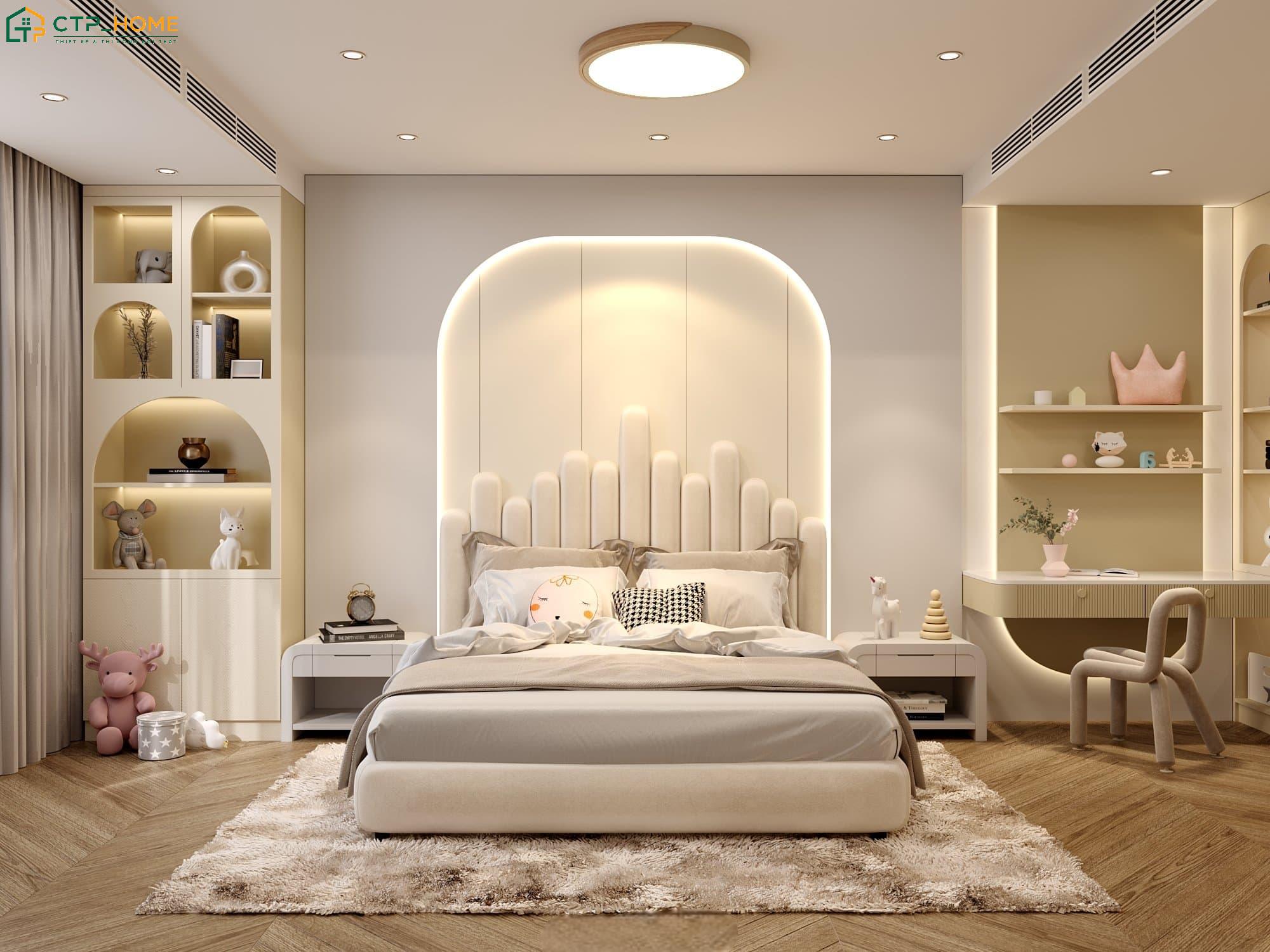 Góc học tập và lưu trữ được bố trí gọn gàng giúp đáp ứng đầy đủ công năng sử dụng