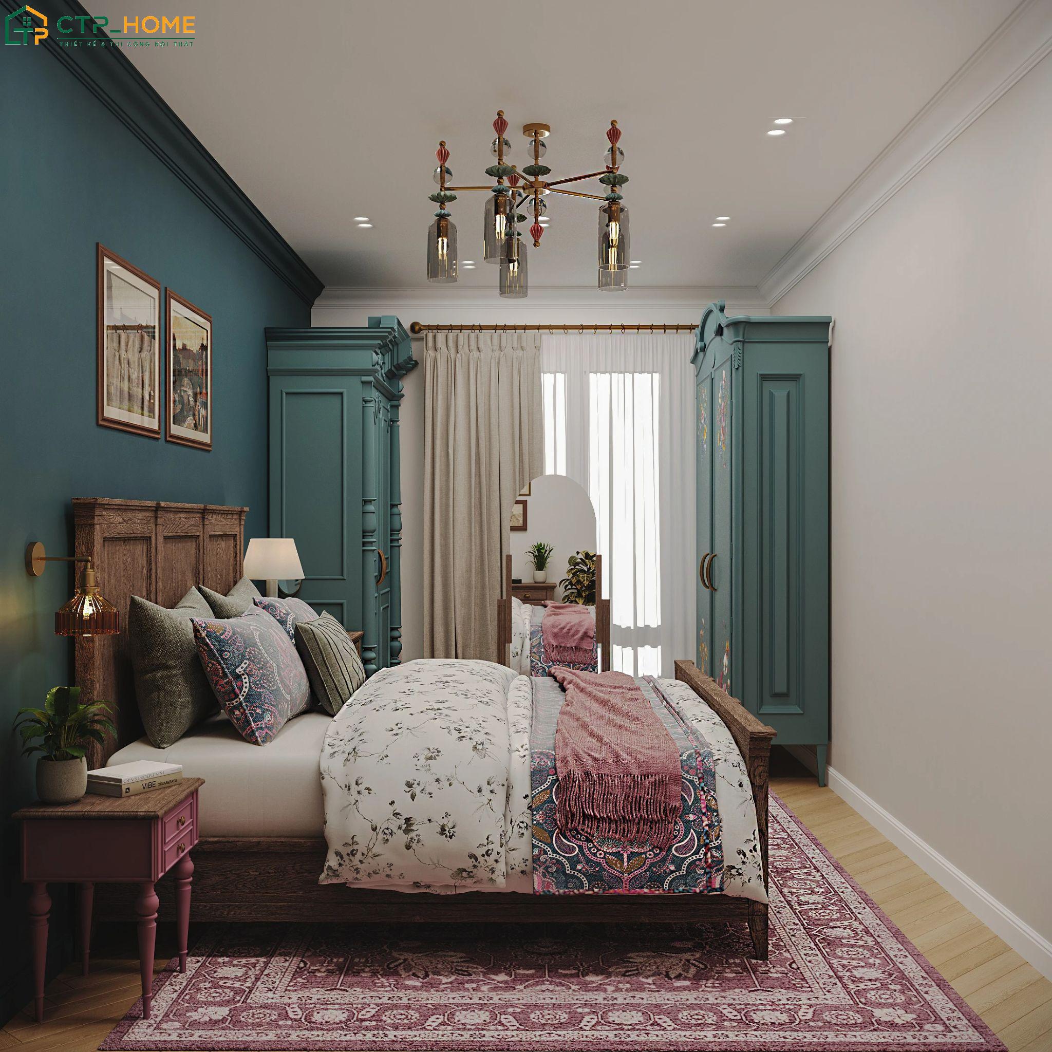 Mẫu thiết kế phòng ngủ nhà ống phong cách Vintage với nội thất gỗ kết hợp tone màu pastel nhẹ nhàng