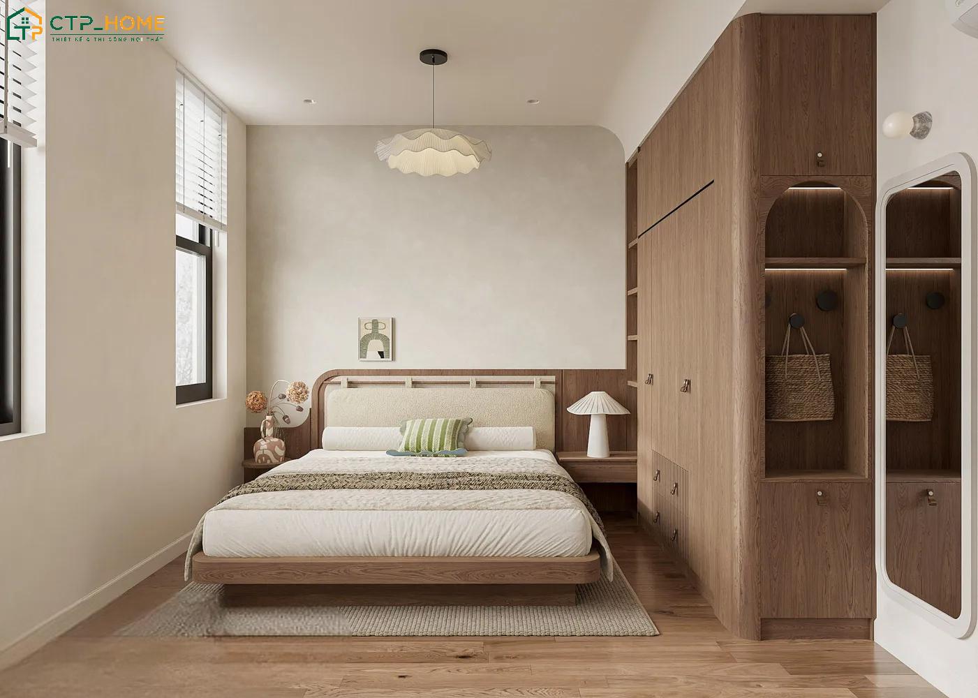 Mẫu nội thất phòng ngủ ống dài với tone màu sáng kết hợp gương trang trí tạo hiệu ứng không gian được mở rộng hơn