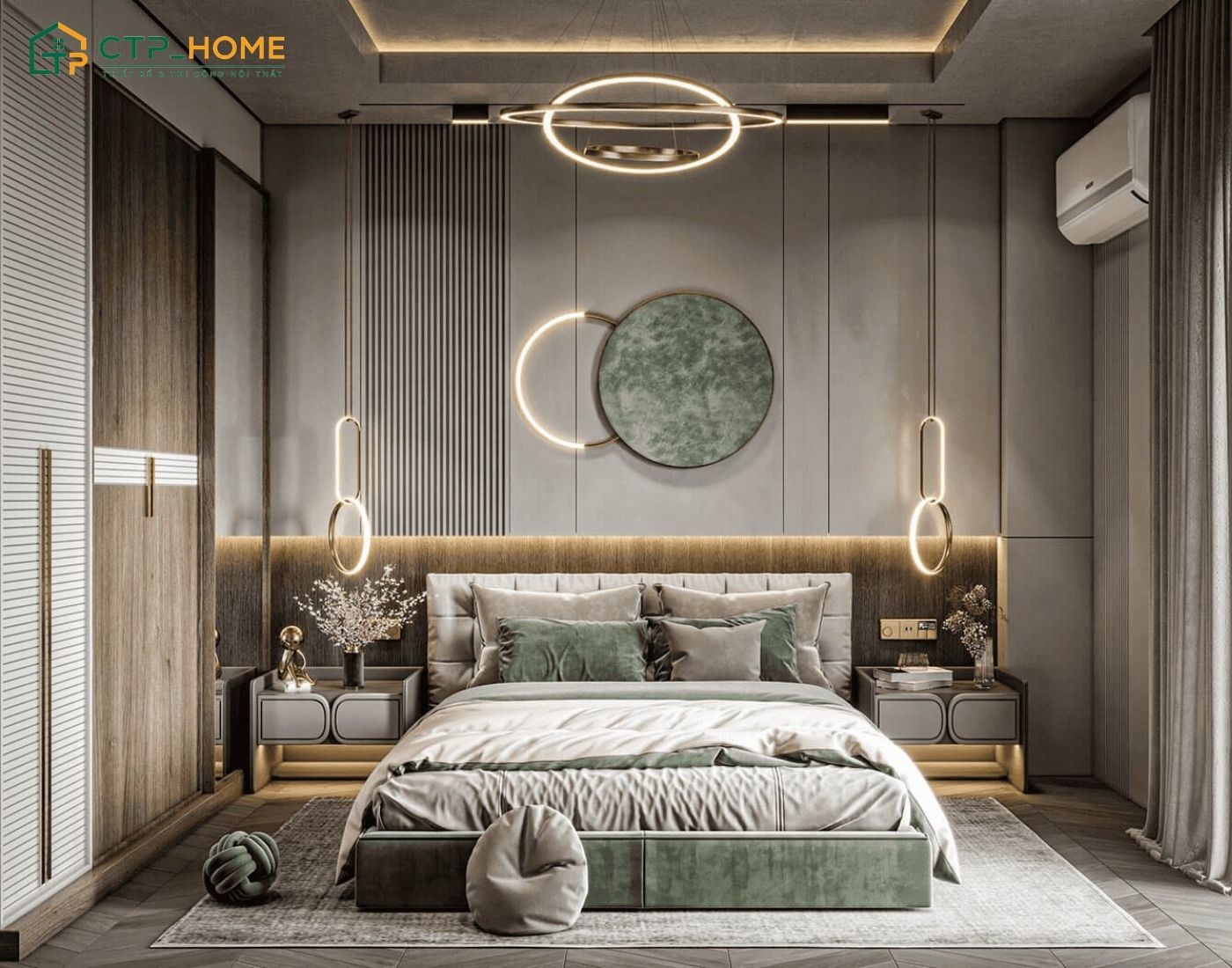 Phong cách sang trọng sẽ sử dụng những chất liệu cao cấp như vách ốp giường bọc nỉ