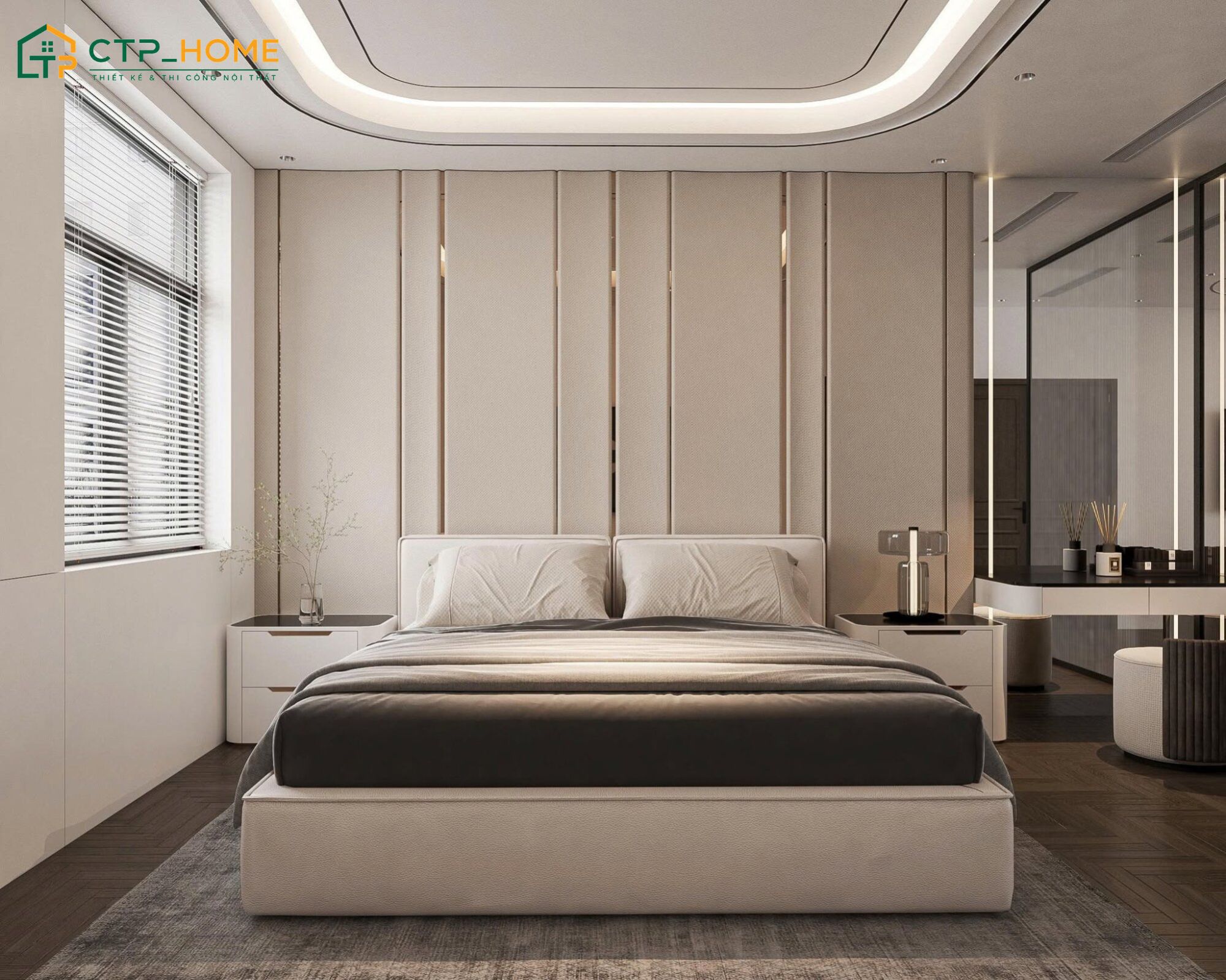 Mẫu phòng ngủ ông bà được thiết kế theo phong cách hiện đại kết hợp tone màu trung tính