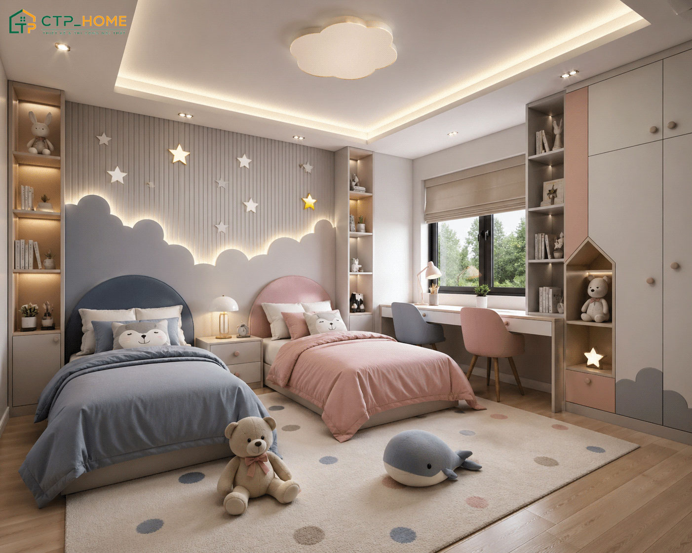 Mẫu phòng ngủ cho trẻ em với giường đơn dành cho những gia đình có 2 bé trai và bé gái nhỏ tuổi