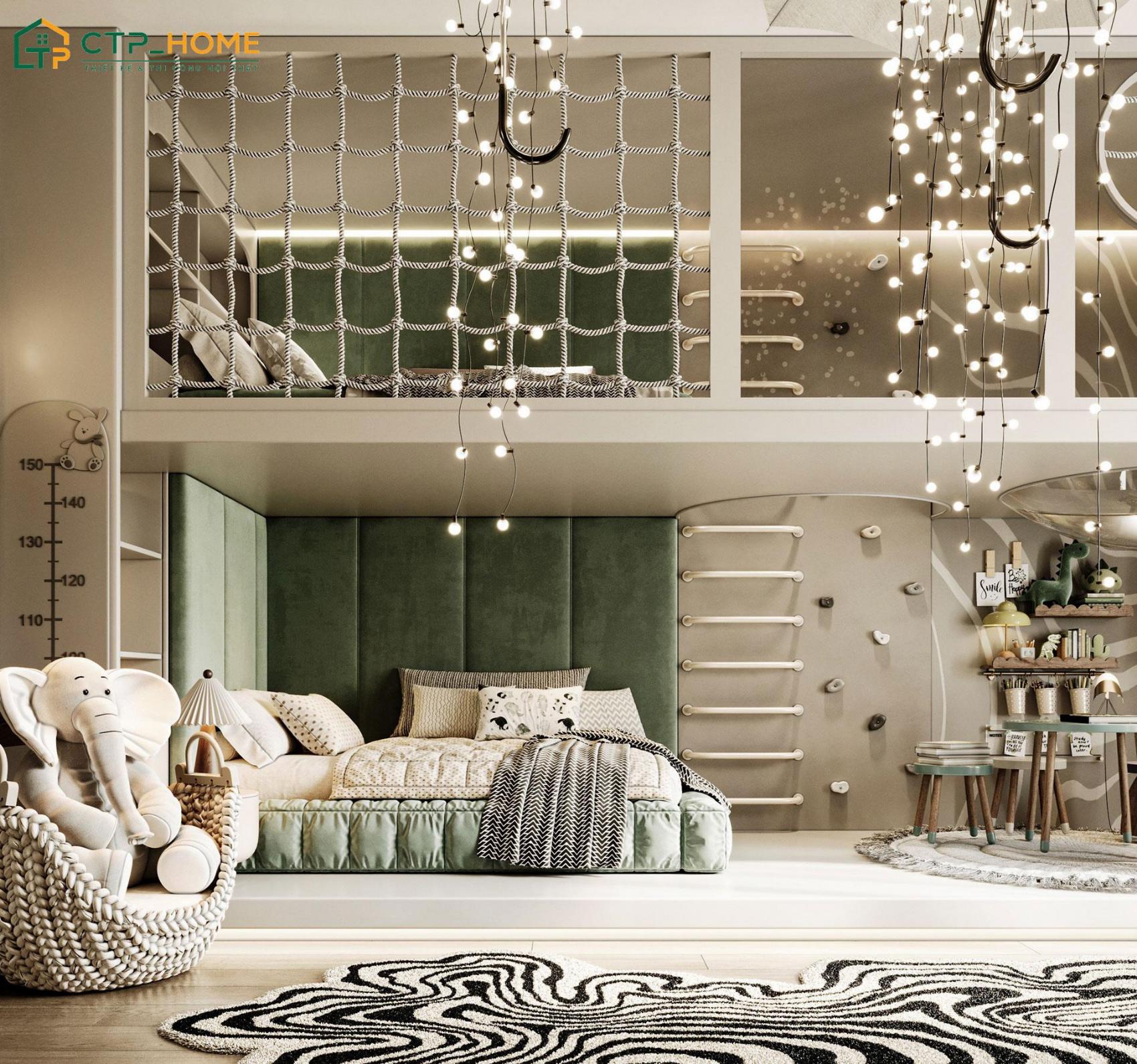 Mẫu phòng ngủ chung cho hai bé trai và bé gái sẽ sử dụng giường tầng để đảm bảo tính riêng tư