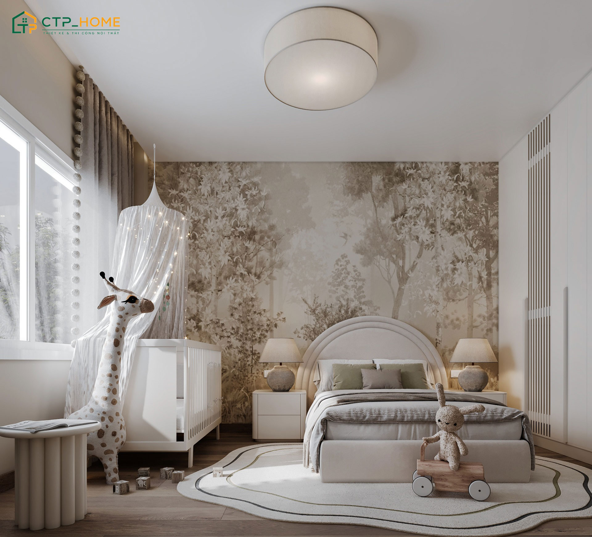 Mẫu phòng ngủ trẻ con sơ sinh sẽ ưu tiên nội thất tròn và được bo góc mềm mại để đảm bảo an toàn
