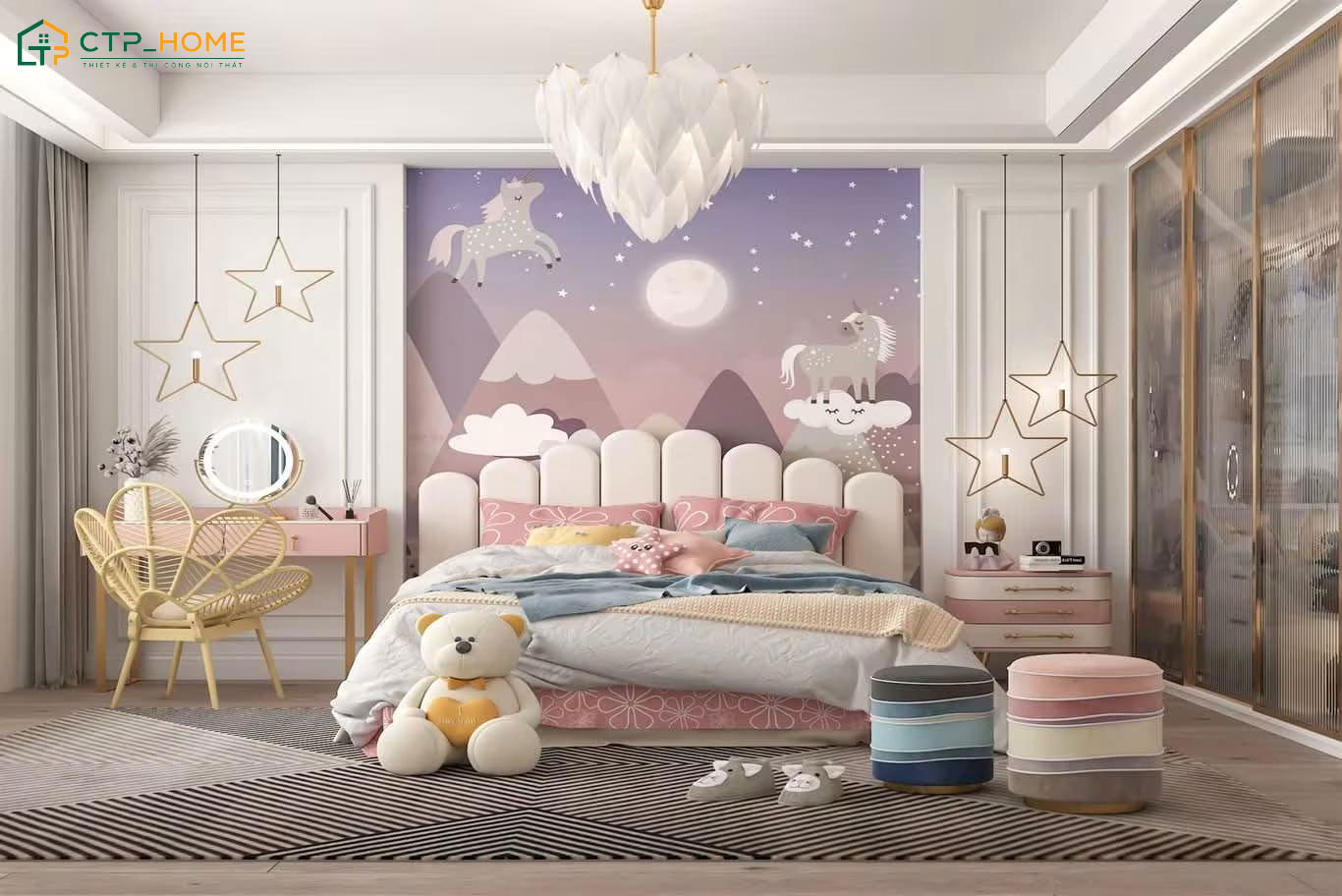 Mẫu thiết kế phòng ngủ đẹp cho bé gái đáng yêu với tone màu hồng pastel làm chủ đạo