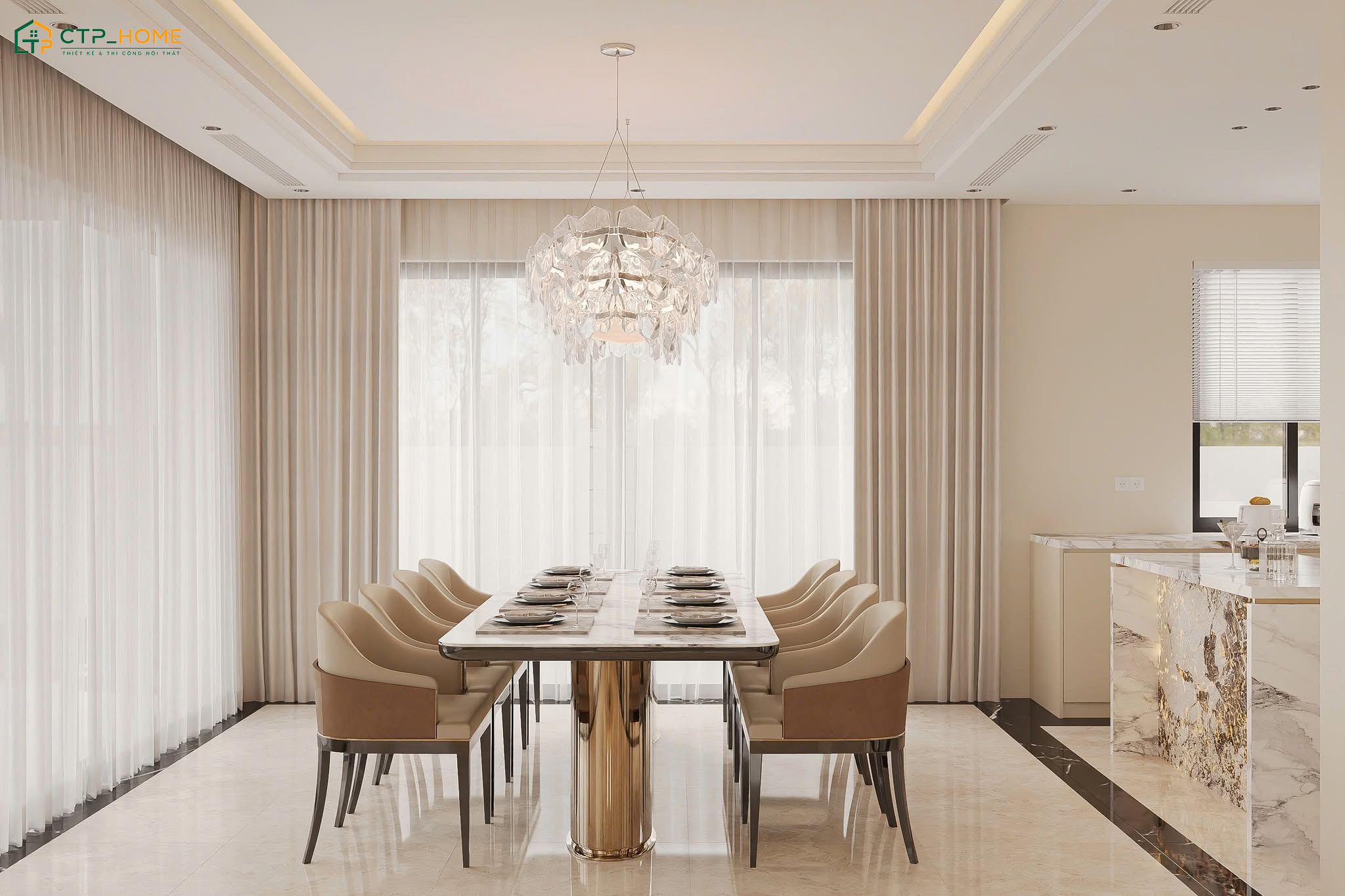 Nội thất được làm từ các chất liệu cao cấp như da và đá marble để tạo nên vẻ đẹp sang trọng cho căn bếp