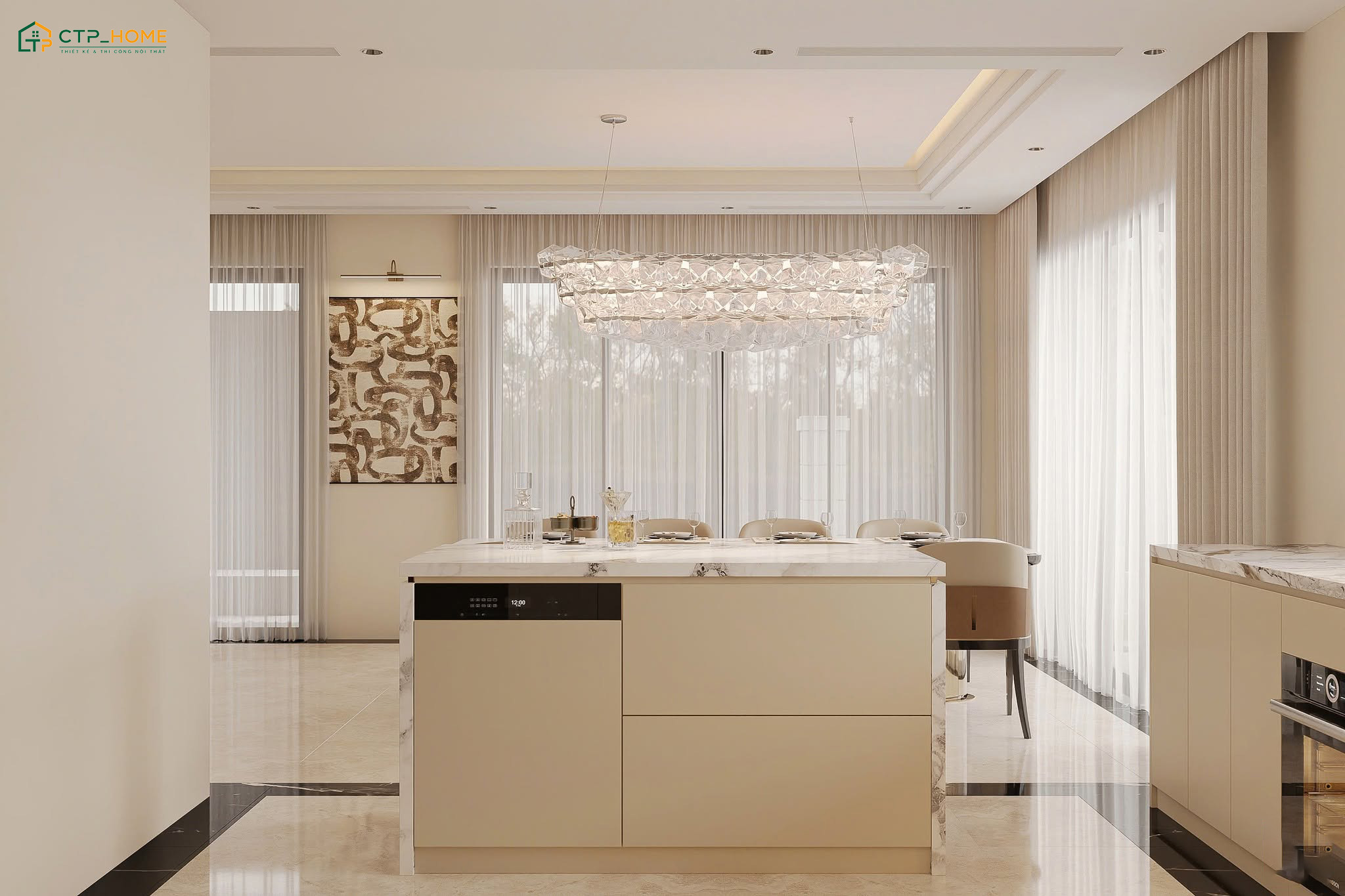 Bàn đảo bếp được đặt ở giữa khu vực bếp nấu và bàn ăn để ngăn cách 2 không gian một cách tinh tế